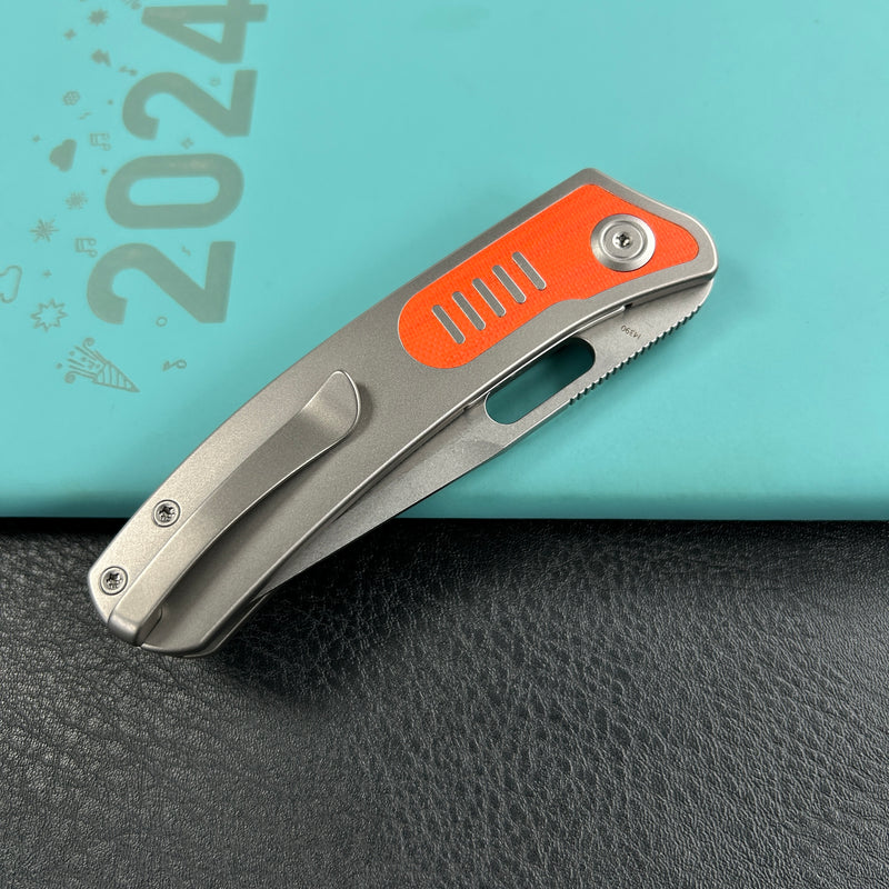 KB Knives  KB377A Common  Thread Frame Lock Folding Knife Grey Titanium with Orange G10 Inlays 2.95'' M390 Blade