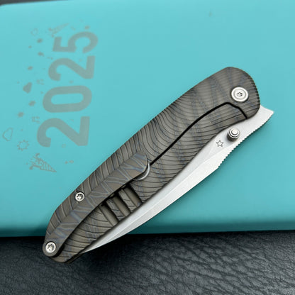 KB knives KB379B Pioneer Folding Knife  Tiger Stripe  Flame Titanium w/ Wave Milling Handle 3.35'' Beadblast CPM 20CV Blade