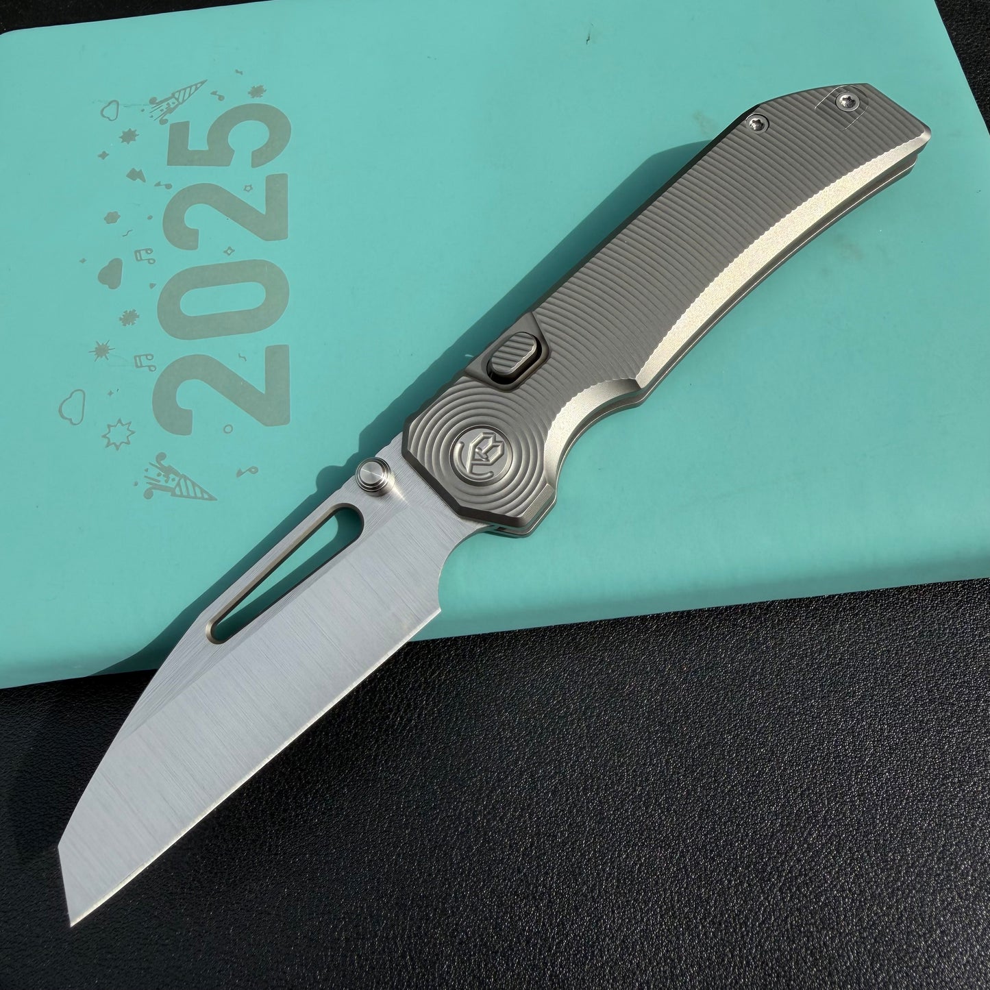 KB KB435A Venom Top Liner Lock Pocket Folding Knife Sandblast Titanium w/ Radial Milling 3.46" Belt Satin  CPM S90V Blade
