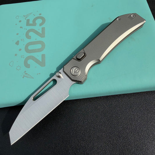 KB KB435A Venom Top Liner Lock Pocket Folding Knife Sandblast Titanium w/ Radial Milling 3.46" Belt Satin  CPM S90V Blade