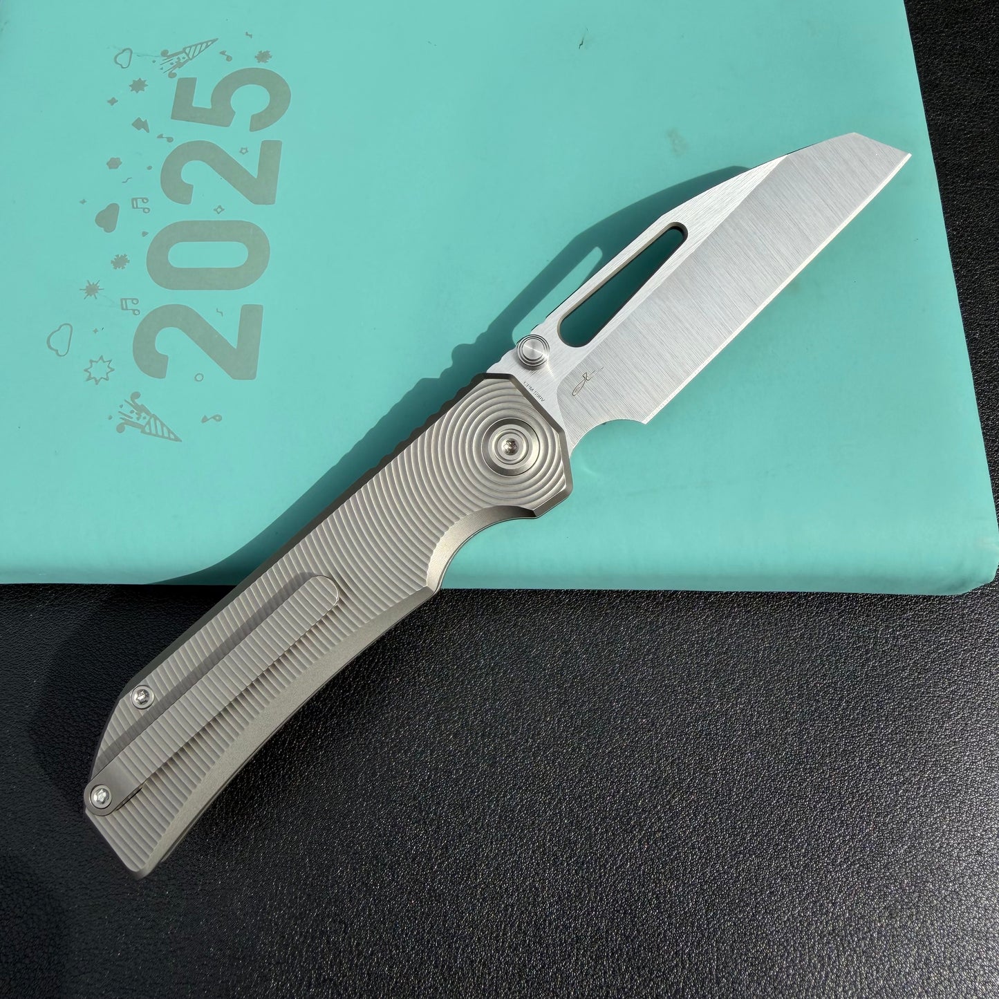 KB KB435A Venom Top Liner Lock Pocket Folding Knife Sandblast Titanium w/ Radial Milling 3.46" Belt Satin  CPM S90V Blade