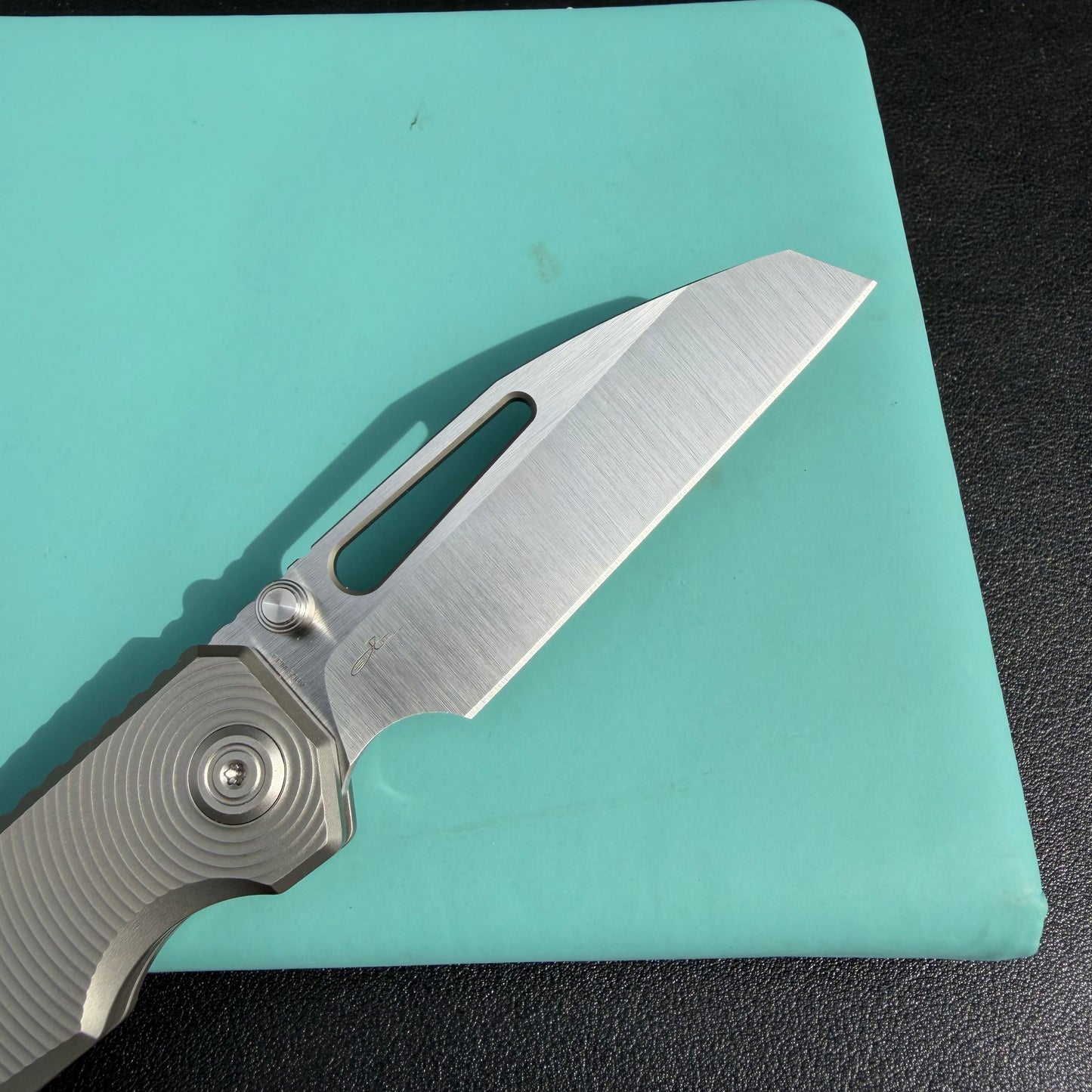 KB KB435A Venom Top Liner Lock Pocket Folding Knife Sandblast Titanium w/ Radial Milling 3.46" Belt Satin  CPM S90V Blade