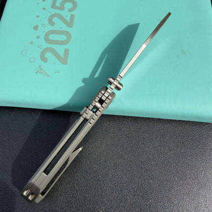 KB KB435A Venom Top Liner Lock Pocket Folding Knife Sandblast Titanium w/ Radial Milling 3.46" Belt Satin  CPM S90V Blade