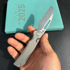 KB KB435A Venom Top Liner Lock Pocket Folding Knife Sandblast Titanium w/ Radial Milling 3.46" Belt Satin  CPM S90V Blade