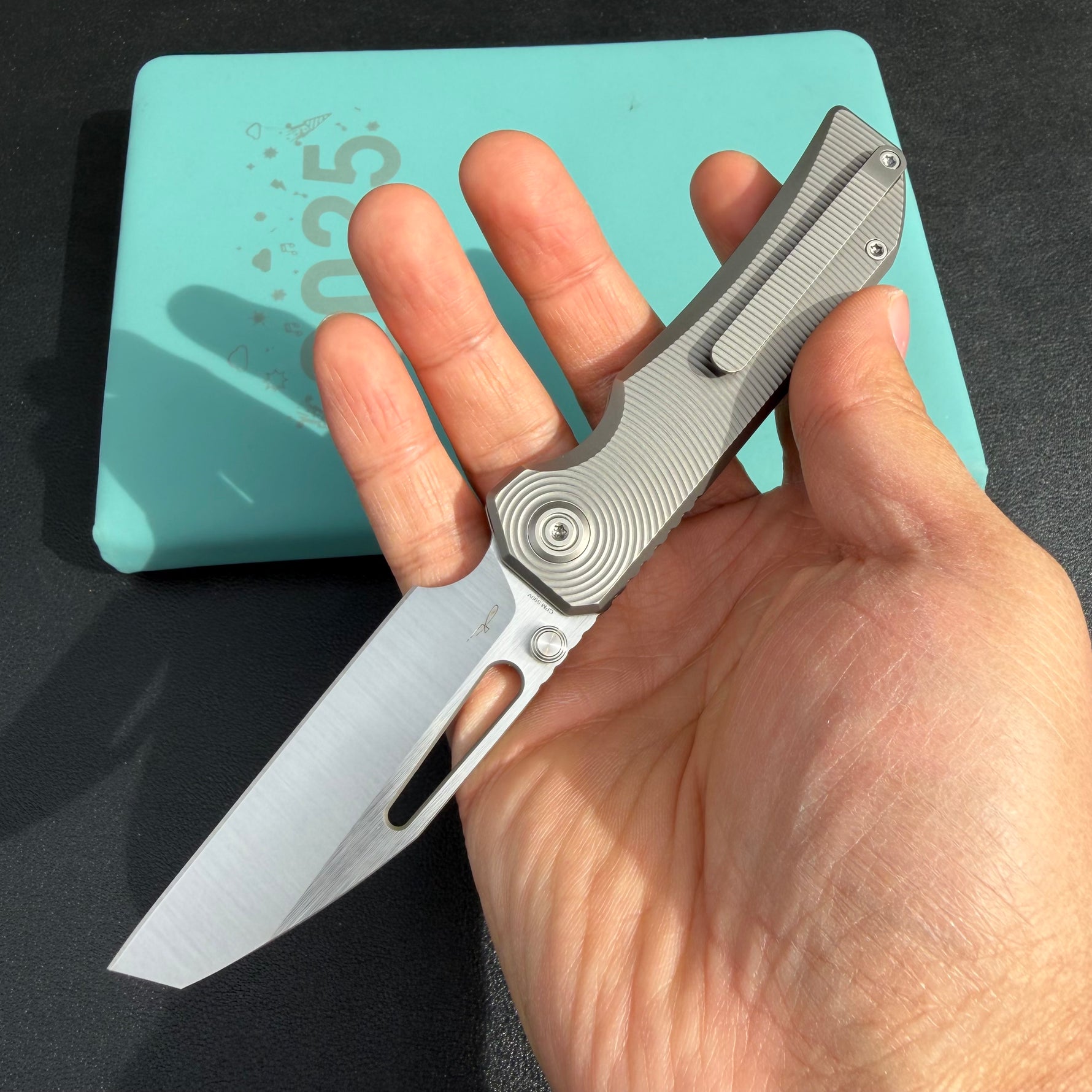 KB KB435A Venom Top Liner Lock Pocket Folding Knife Sandblast Titanium w/ Radial Milling 3.46" Belt Satin  CPM S90V Blade