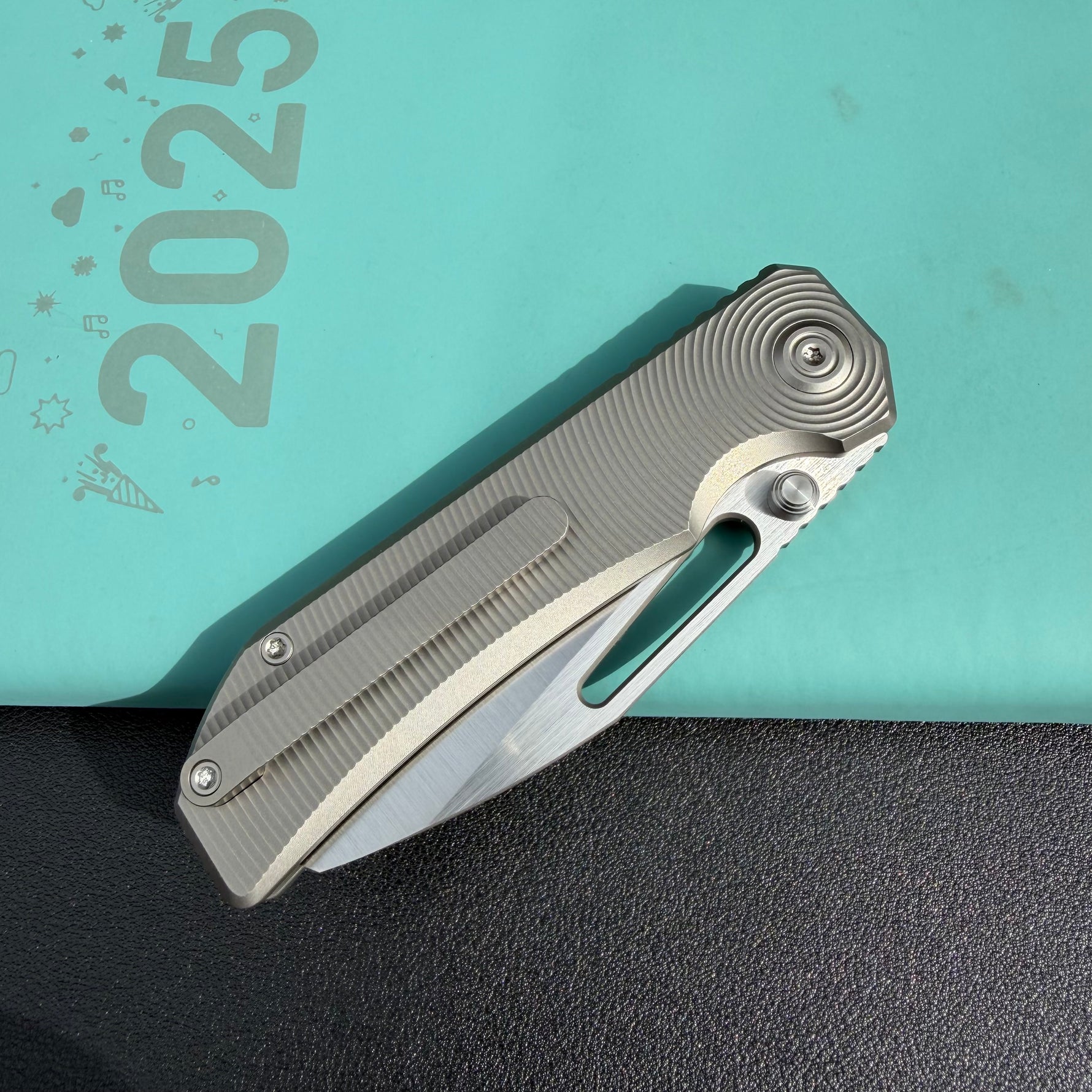 KB KB435A Venom Top Liner Lock Pocket Folding Knife Sandblast Titanium w/ Radial Milling 3.46" Belt Satin  CPM S90V Blade