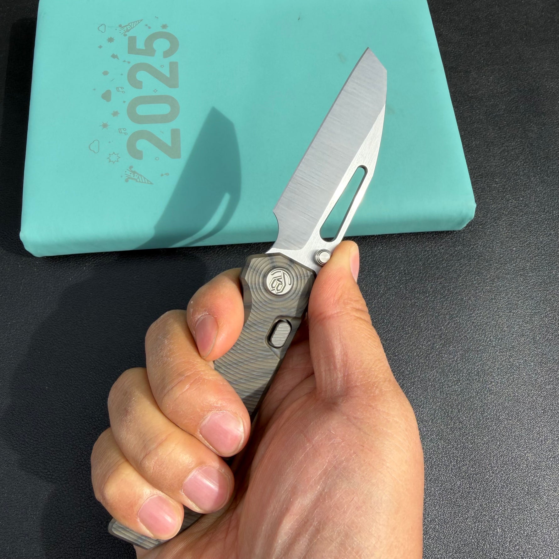 KB Venom KB435B Top Liner Lock Pocket Folding Knife Flame Ano Titanium w/ Radial Milling 3.46" Belt Satin CPM S90V Blade