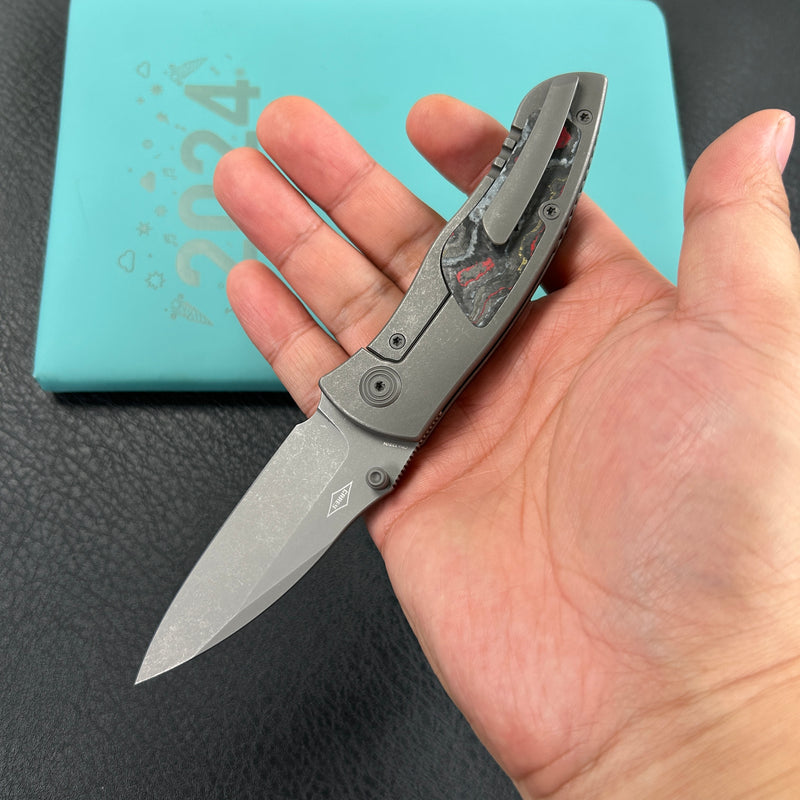 KB Knives KB258A Vertigo Frame Lock Folding Knife Titanium with Santa Clara CamoCarbon Inlays 3.11" Darkwash CPM S35VN Blade