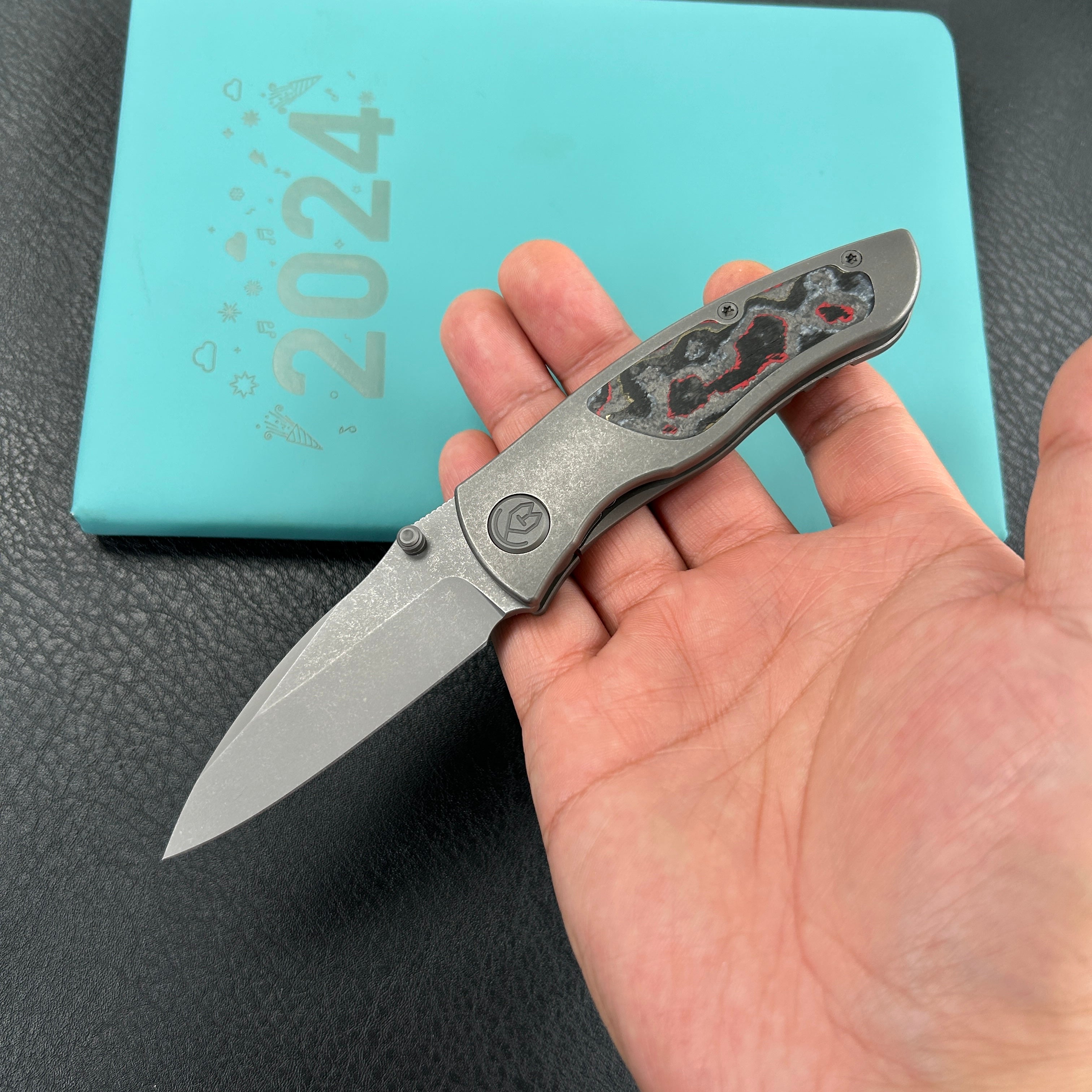 KB Knives KB258A Vertigo Frame Lock Folding Knife Titanium with Santa Clara CamoCarbon Inlays 3.11" Darkwash CPM S35VN Blade