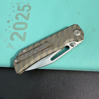 KB Venom KB435B Top Liner Lock Pocket Folding Knife Flame Ano Titanium w/ Radial Milling 3.46" Belt Satin CPM S90V Blade