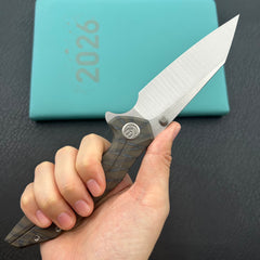 KB KNIVES KB495B Nova Reverse Tanto Frame Locking Folding Knife Flamed Titanium Handle 3.66" Belt Satin M390