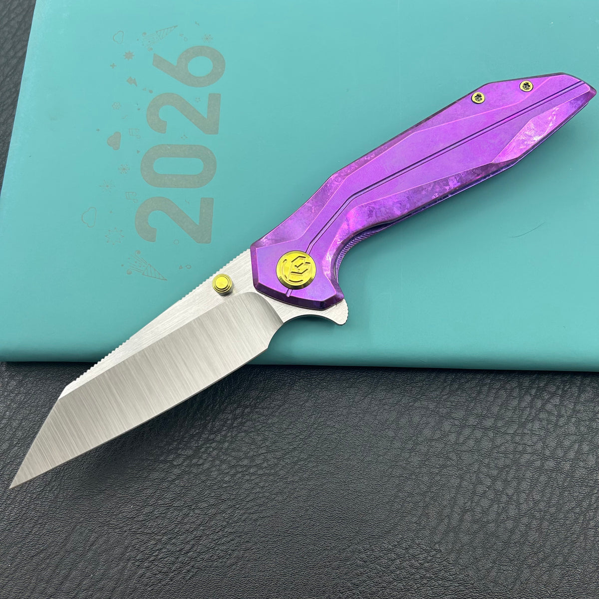KB knife KB495F Nova Reverse Tanto Frame Locking Folding Knife Purple Crrystallized Titanium Handle 3.66" Belt Satin M390