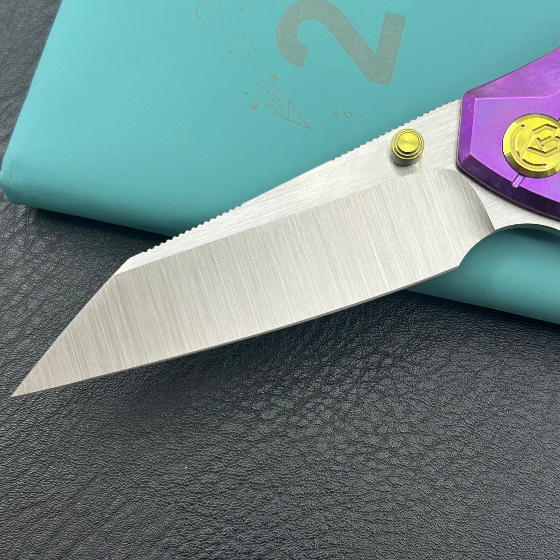 KB knife KB495F Nova Reverse Tanto Frame Locking Folding Knife Purple Crrystallized Titanium Handle 3.66" Belt Satin M390