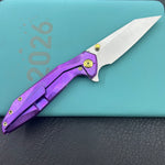 KB knife KB495F Nova Reverse Tanto Frame Locking Folding Knife Purple Crrystallized Titanium Handle 3.66" Belt Satin M390