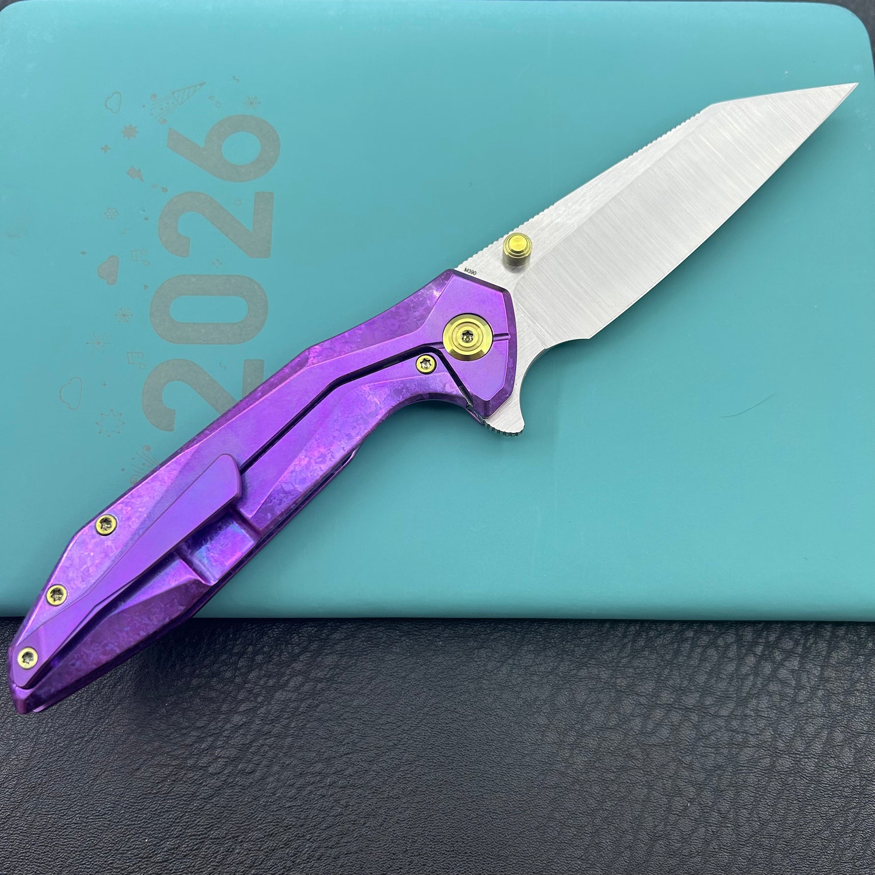 KB knife KB495F Nova Reverse Tanto Frame Locking Folding Knife Purple Crrystallized Titanium Handle 3.66" Belt Satin M390