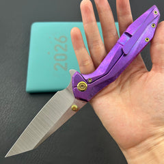KB knife KB495F Nova Reverse Tanto Frame Locking Folding Knife Purple Crrystallized Titanium Handle 3.66" Belt Satin M390
