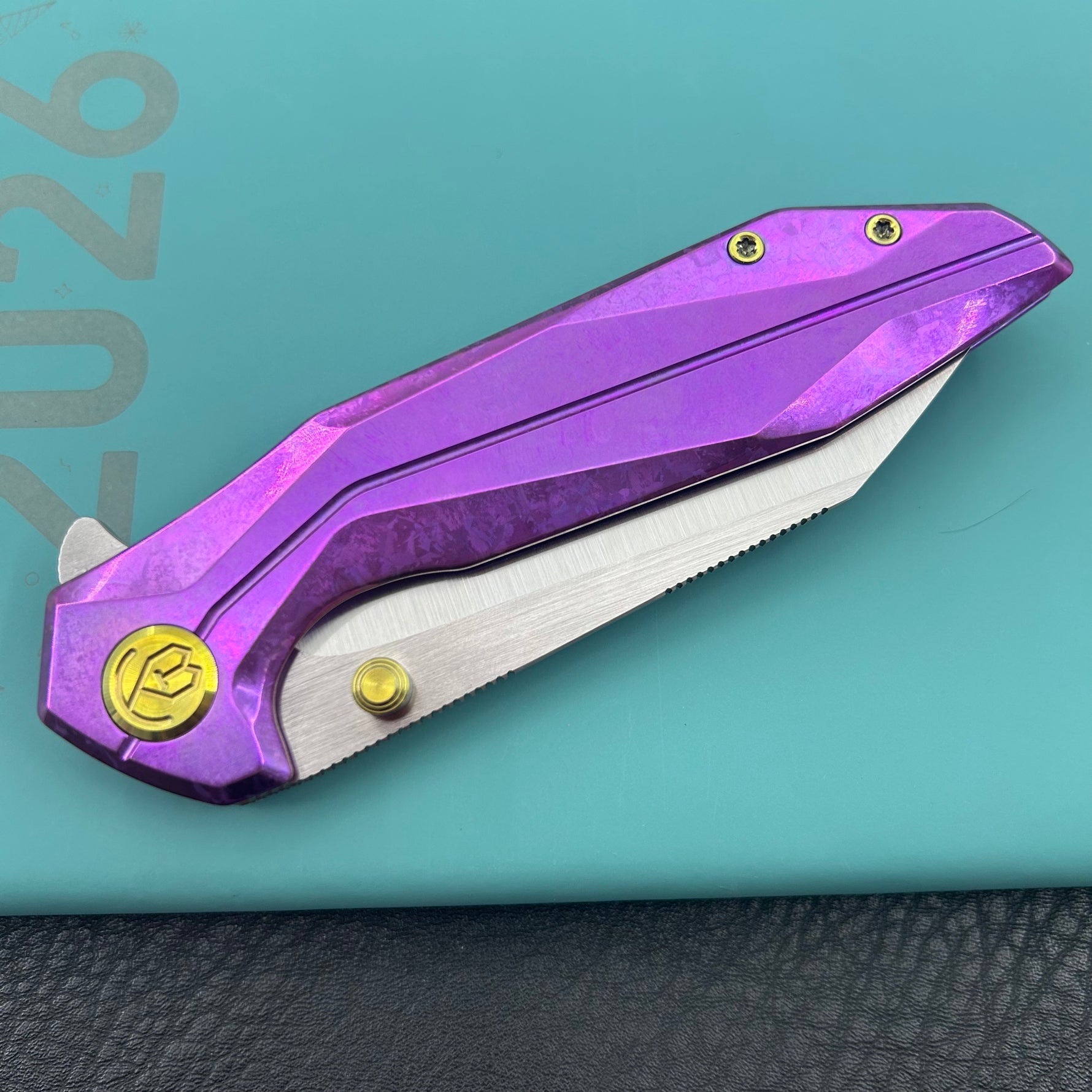 KB knife KB495F Nova Reverse Tanto Frame Locking Folding Knife Purple Crrystallized Titanium Handle 3.66" Belt Satin M390