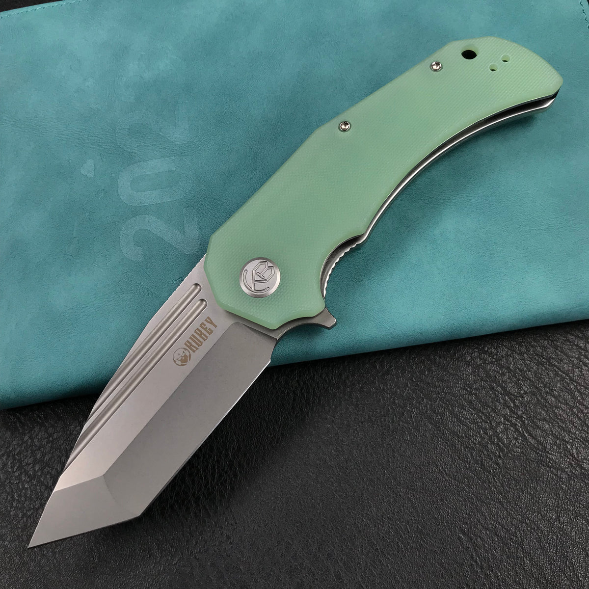 KUBEY KU318D Mikkel Willumsen Design Bravo one Tanto Outdoor Folding Camping Knife Jade G10 Handle 3.39" Bead Blasted AUS-10