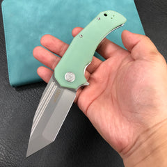 KUBEY KU318D Mikkel Willumsen Design Bravo one Tanto Outdoor Folding Camping Knife Jade G10 Handle 3.39" Bead Blasted AUS-10