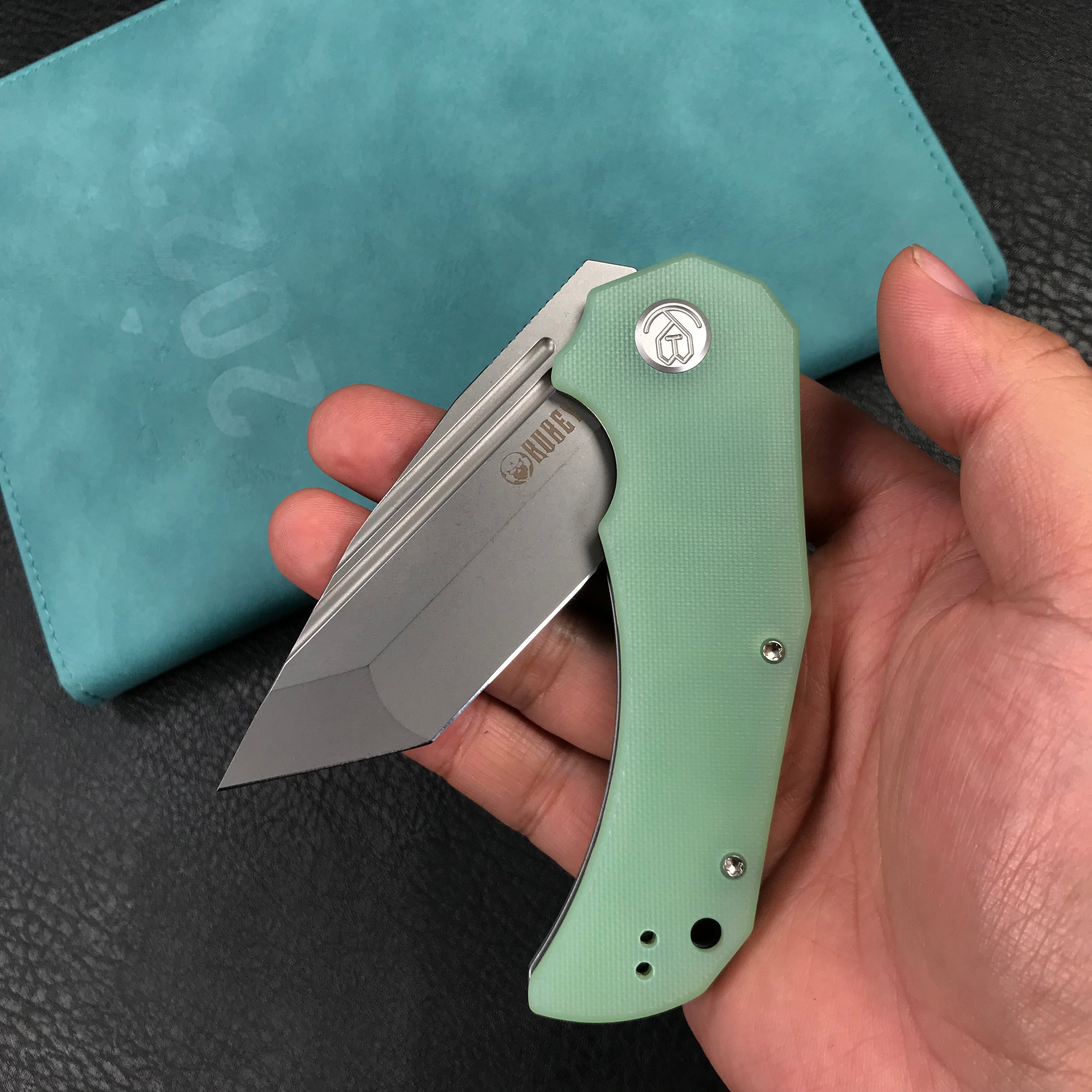 KUBEY KU318D Mikkel Willumsen Design Bravo one Tanto Outdoor Folding Camping Knife Jade G10 Handle 3.39" Bead Blasted AUS-10