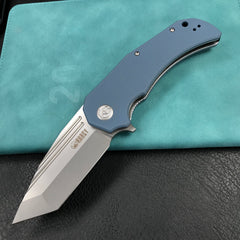 KUBEY KU318E Mikkel Willumsen Design Bravo one Tanto Outdoor Folding Camping Knife Blue G10 Handle 3.39" Bead Blasted AUS-10