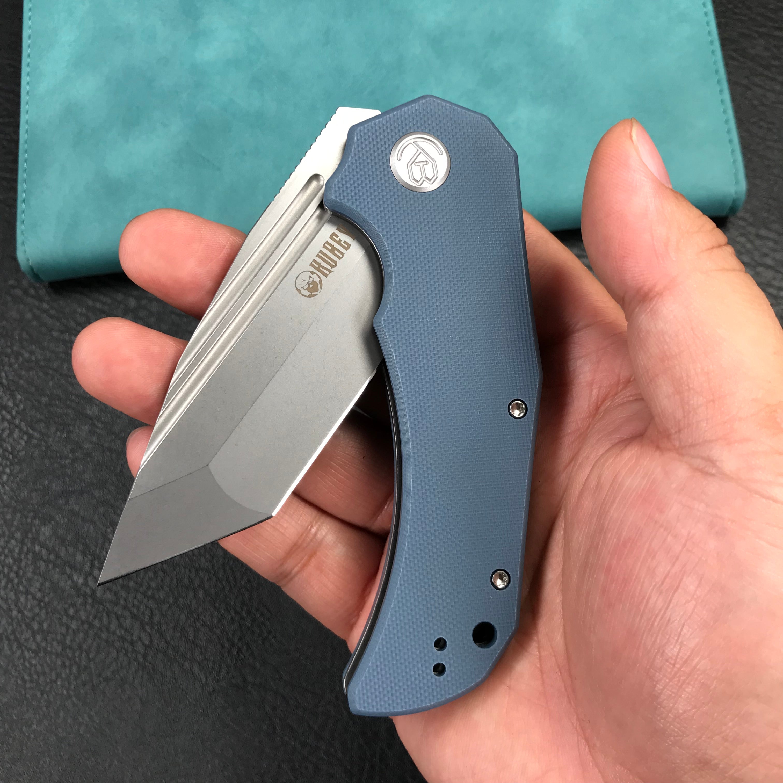 KUBEY KU318E Mikkel Willumsen Design Bravo one Tanto Outdoor Folding Camping Knife Blue G10 Handle 3.39" Bead Blasted AUS-10