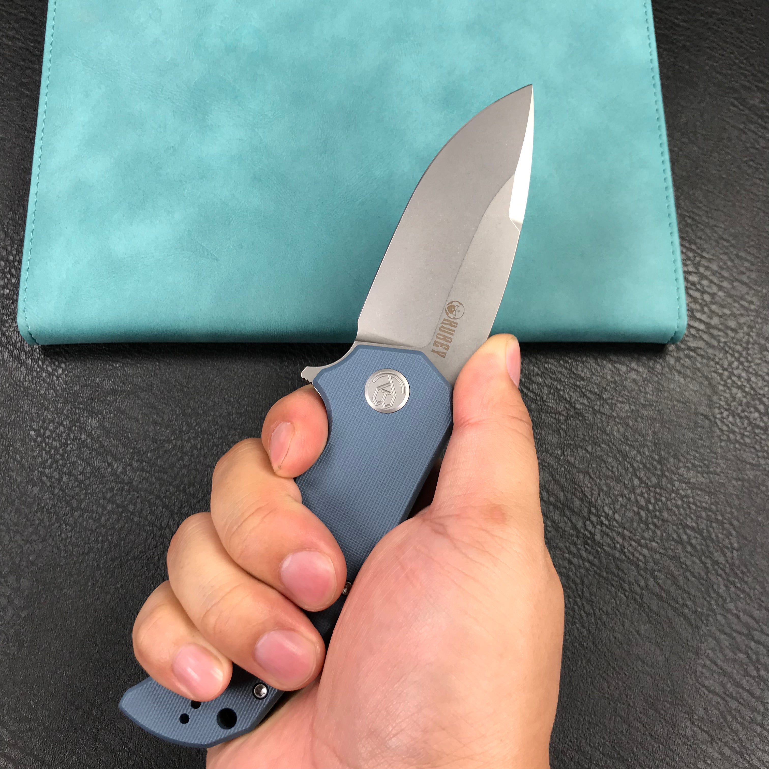 KUBEY KU319A Mikkel Willumsen Design Bravo one Drop Point Outdoor Folding Camping Knife Blue G10 Handle 3.39" Bead Blasted AUS-10