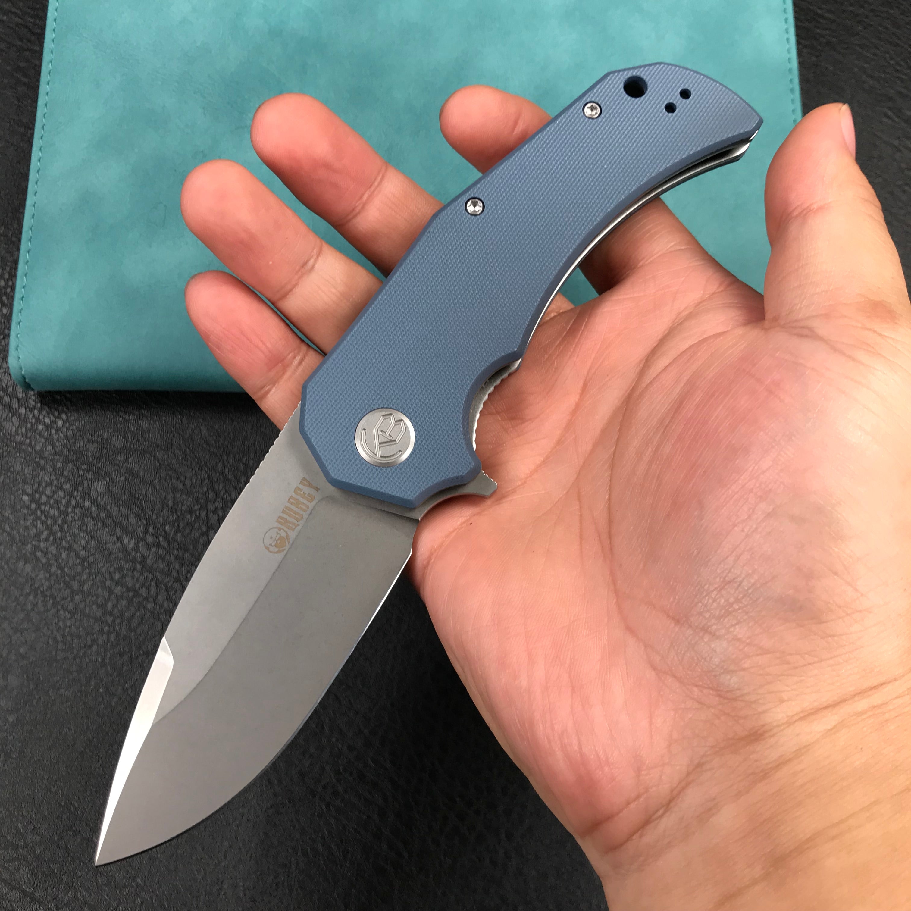 KUBEY KU319A Mikkel Willumsen Design Bravo one Drop Point Outdoor Folding Camping Knife Blue G10 Handle 3.39" Bead Blasted AUS-10