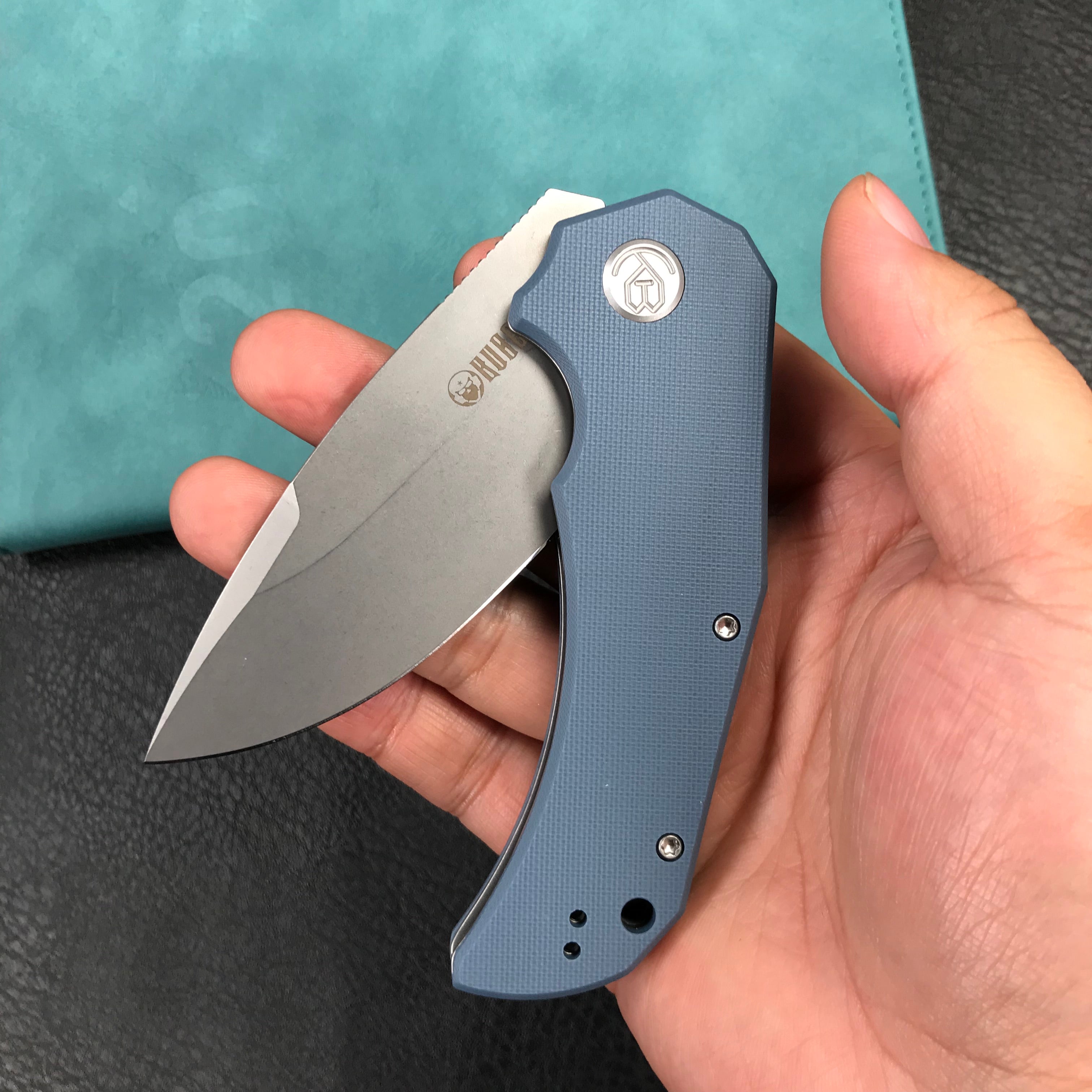 KUBEY KU319A Mikkel Willumsen Design Bravo one Drop Point Outdoor Folding Camping Knife Blue G10 Handle 3.39" Bead Blasted AUS-10