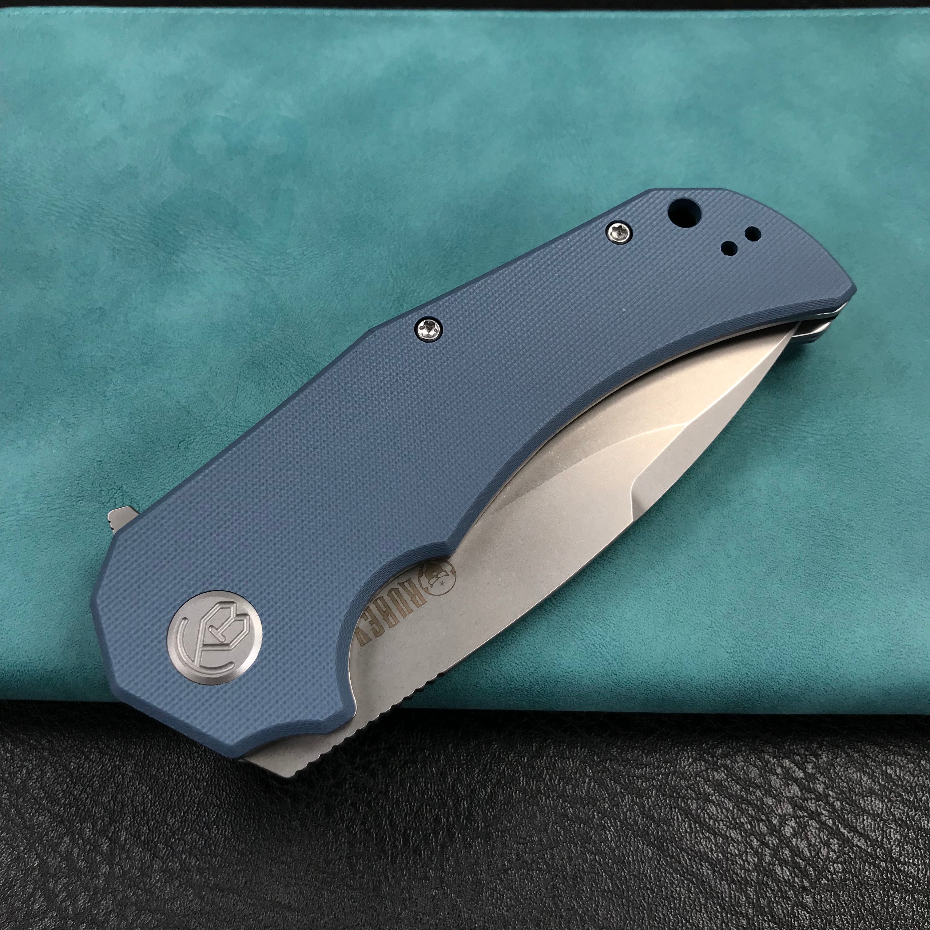 KUBEY KU319A Mikkel Willumsen Design Bravo one Drop Point Outdoor Folding Camping Knife Blue G10 Handle 3.39" Bead Blasted AUS-10