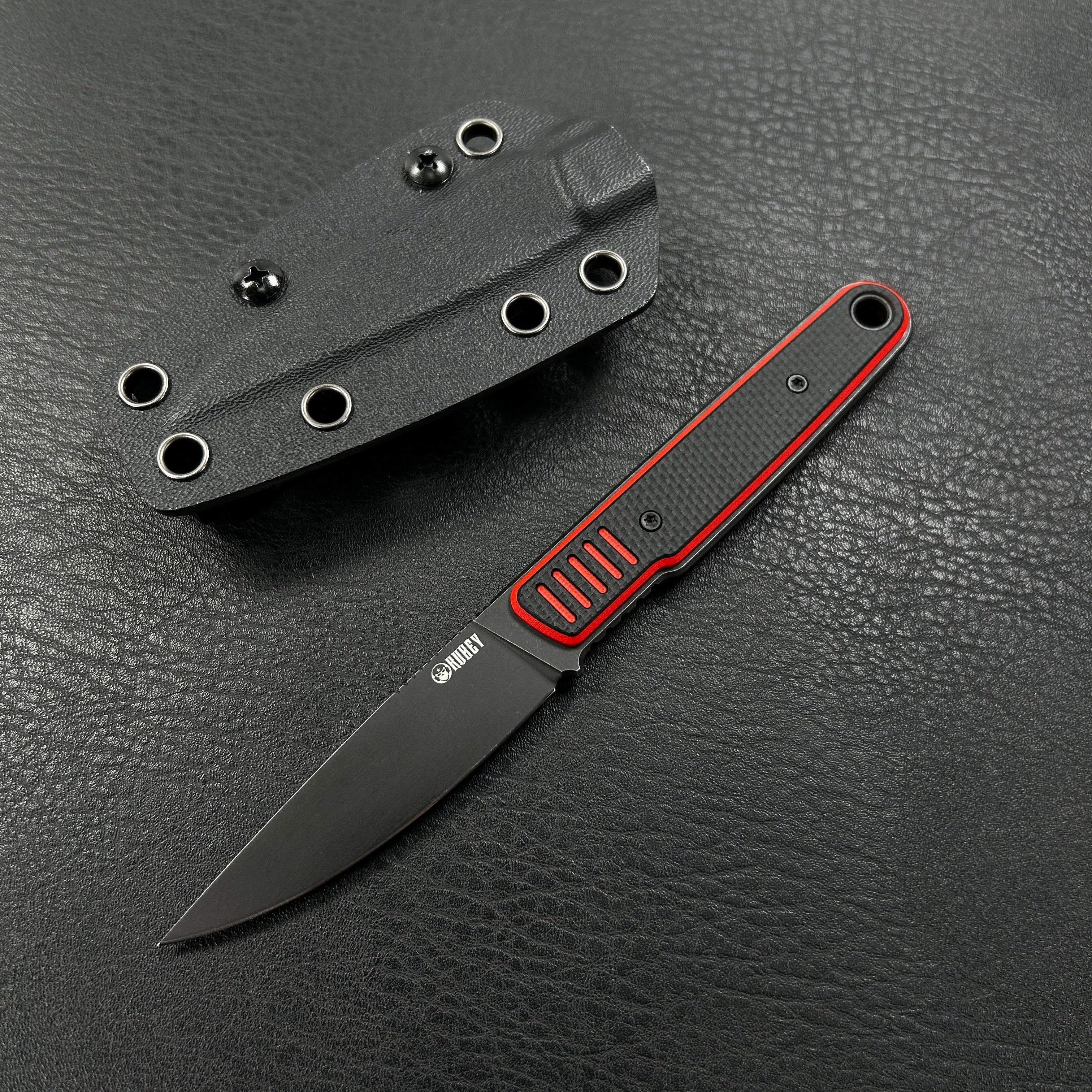 KUBEY KU356A JL Drop Point Fixie Every Day Carry Fixed Blade Knife Red Black G-10 3.11'' Drop Point Blackwash 14C28N