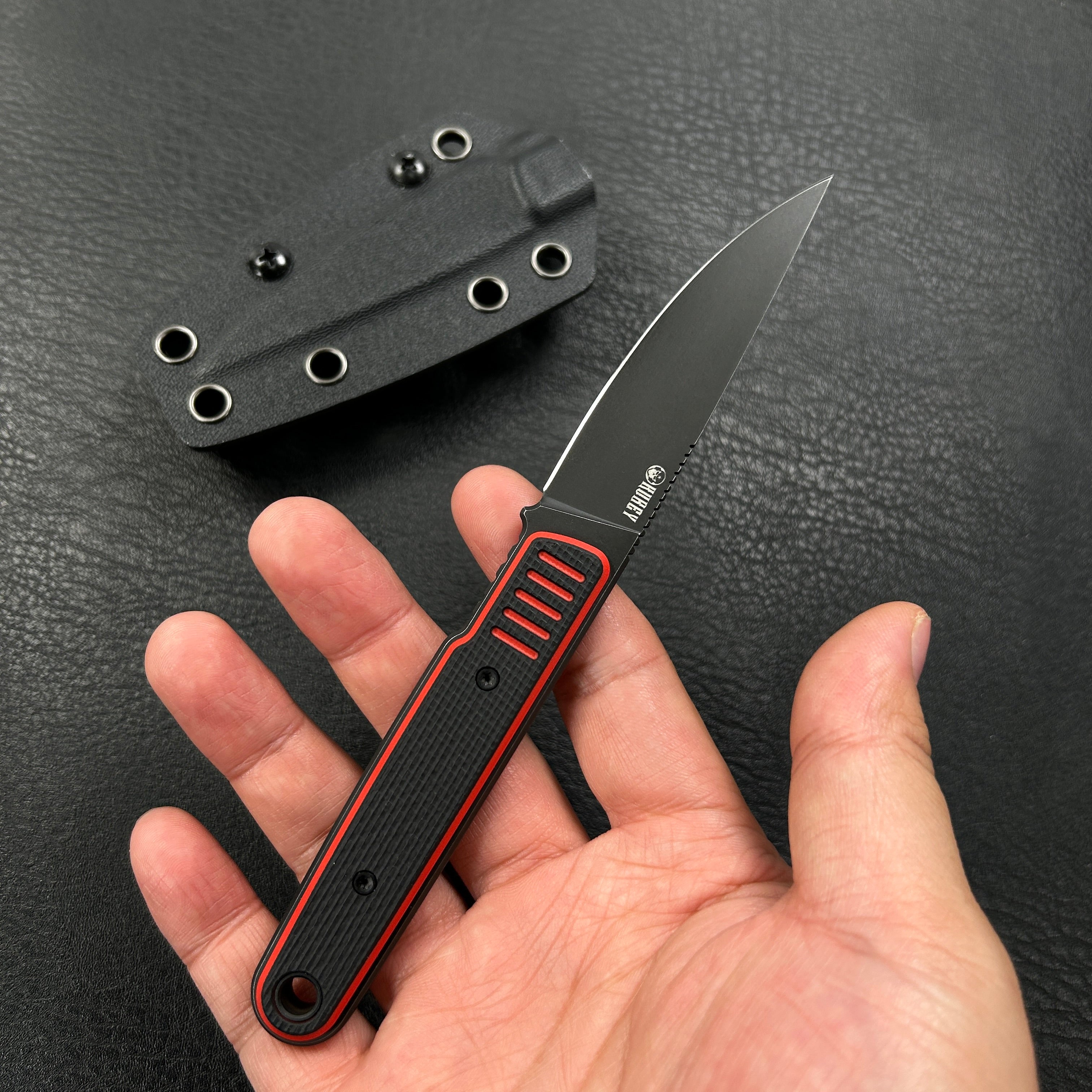 KUBEY KU356A JL Drop Point Fixie Every Day Carry Fixed Blade Knife Red Black G-10 3.11'' Drop Point Blackwash 14C28N