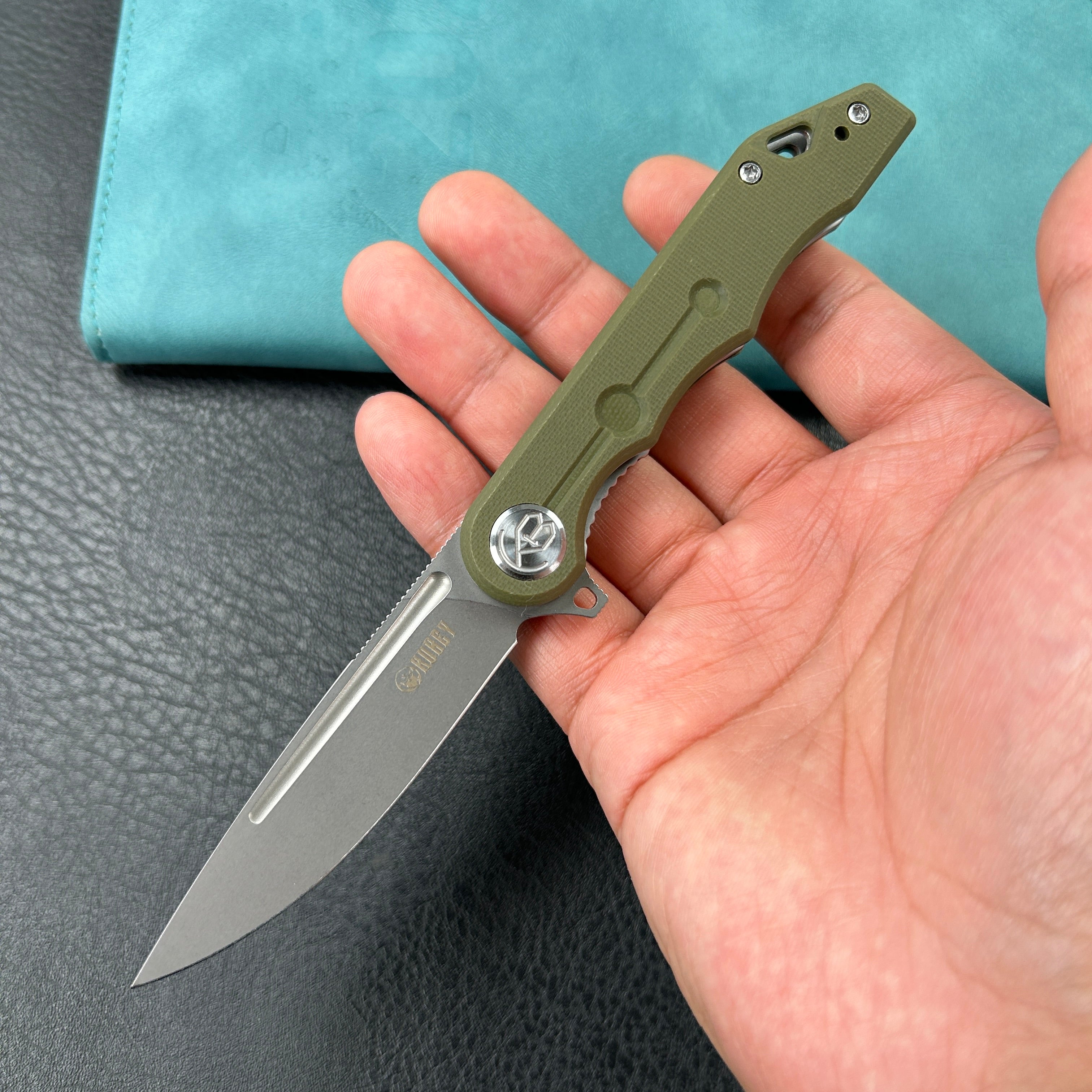 KUBEY KU312  Mizo Liner Lock Flipper Folding Knife Green G10 Handle 3.15" Bead Blast Finish AUS-10