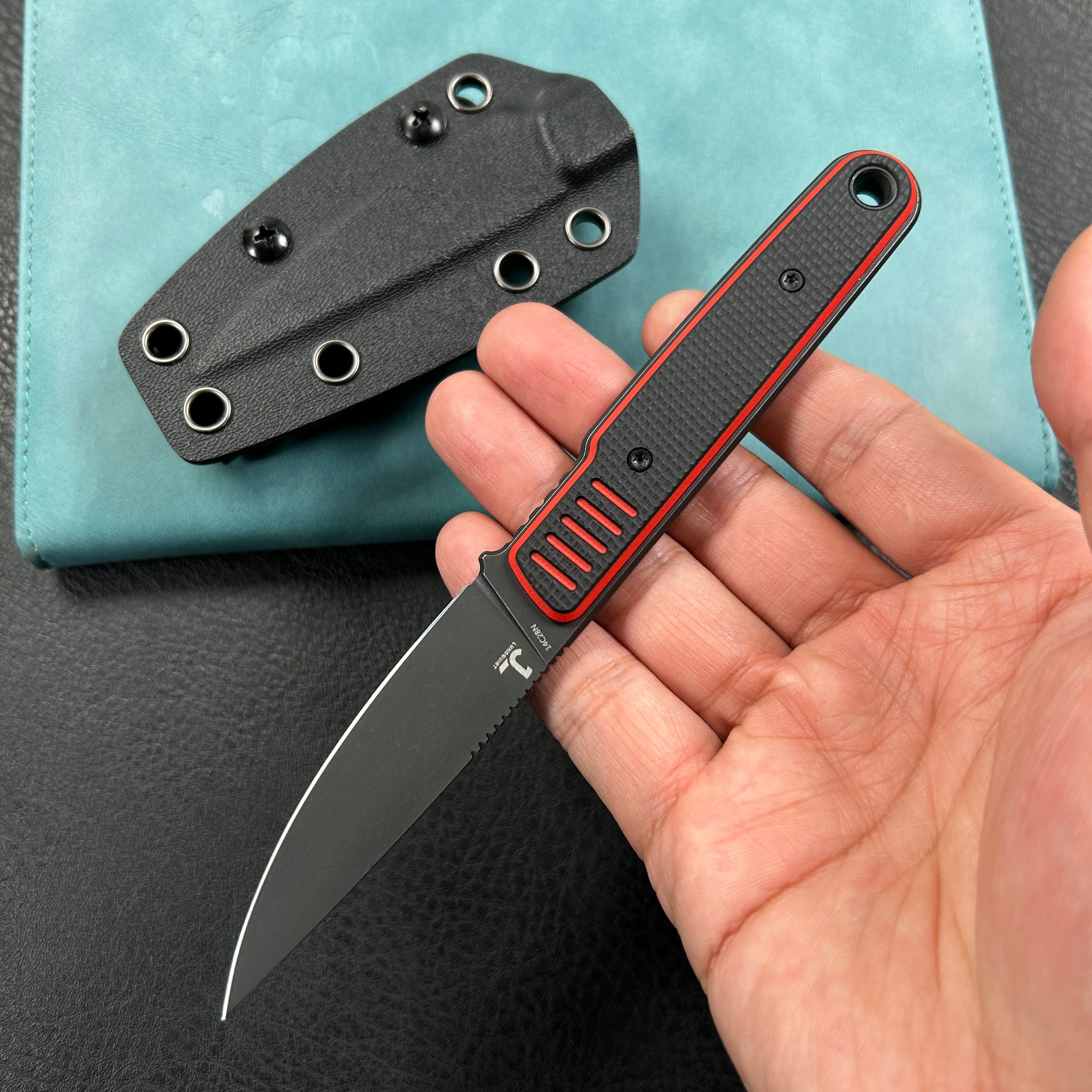 KUBEY KU356A JL Drop Point Fixie Every Day Carry Fixed Blade Knife Red Black G-10 3.11'' Drop Point Blackwash 14C28N