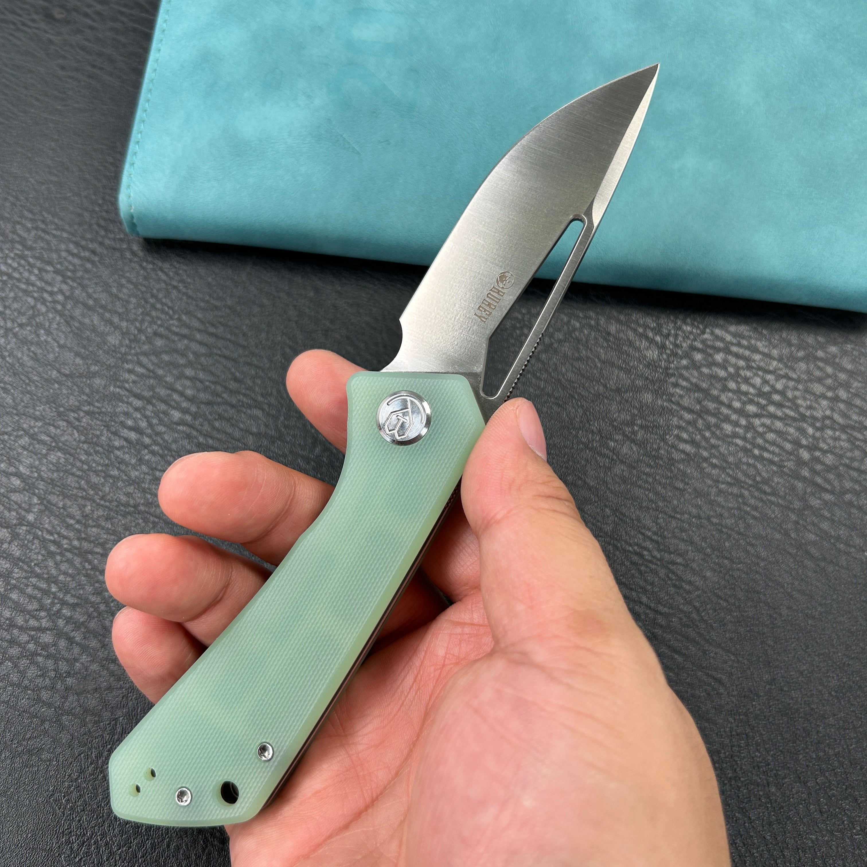 KUBEY KU331 Thalia Front Flipper EDC Pocket Folding Knife Jade G10 Handle 3.27" Satin D2