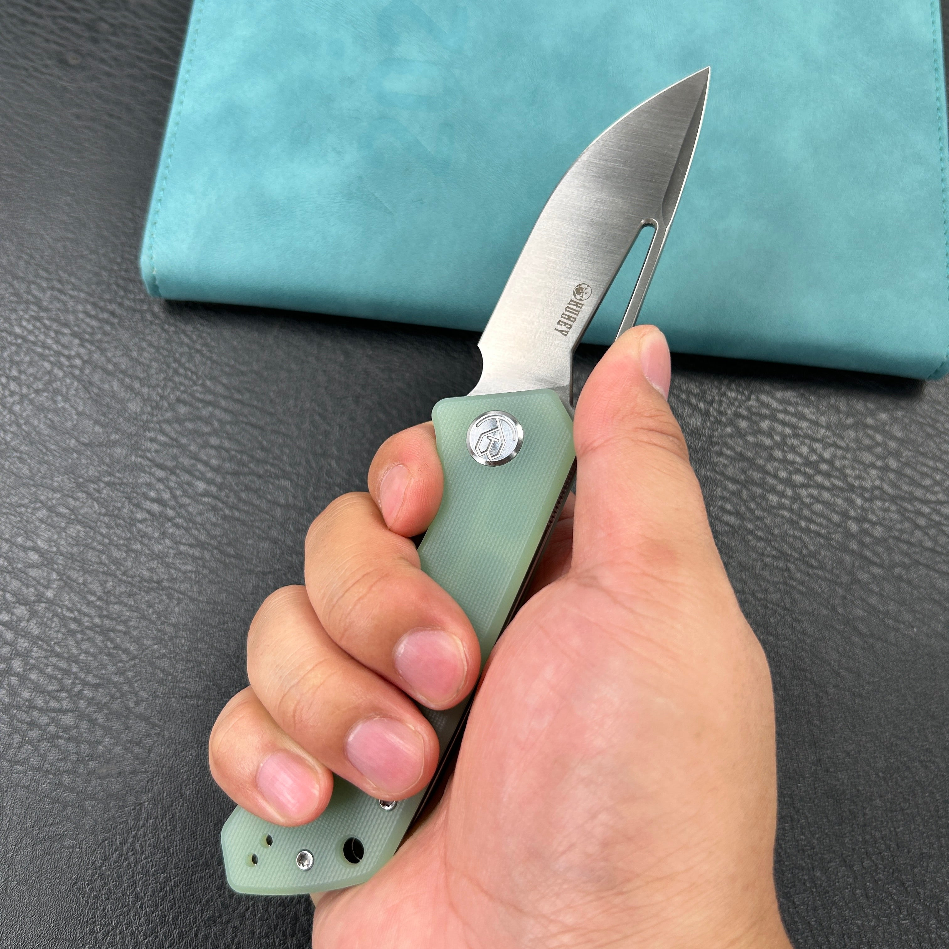 KUBEY KU331 Thalia Front Flipper EDC Pocket Folding Knife Jade G10 Handle 3.27" Satin D2