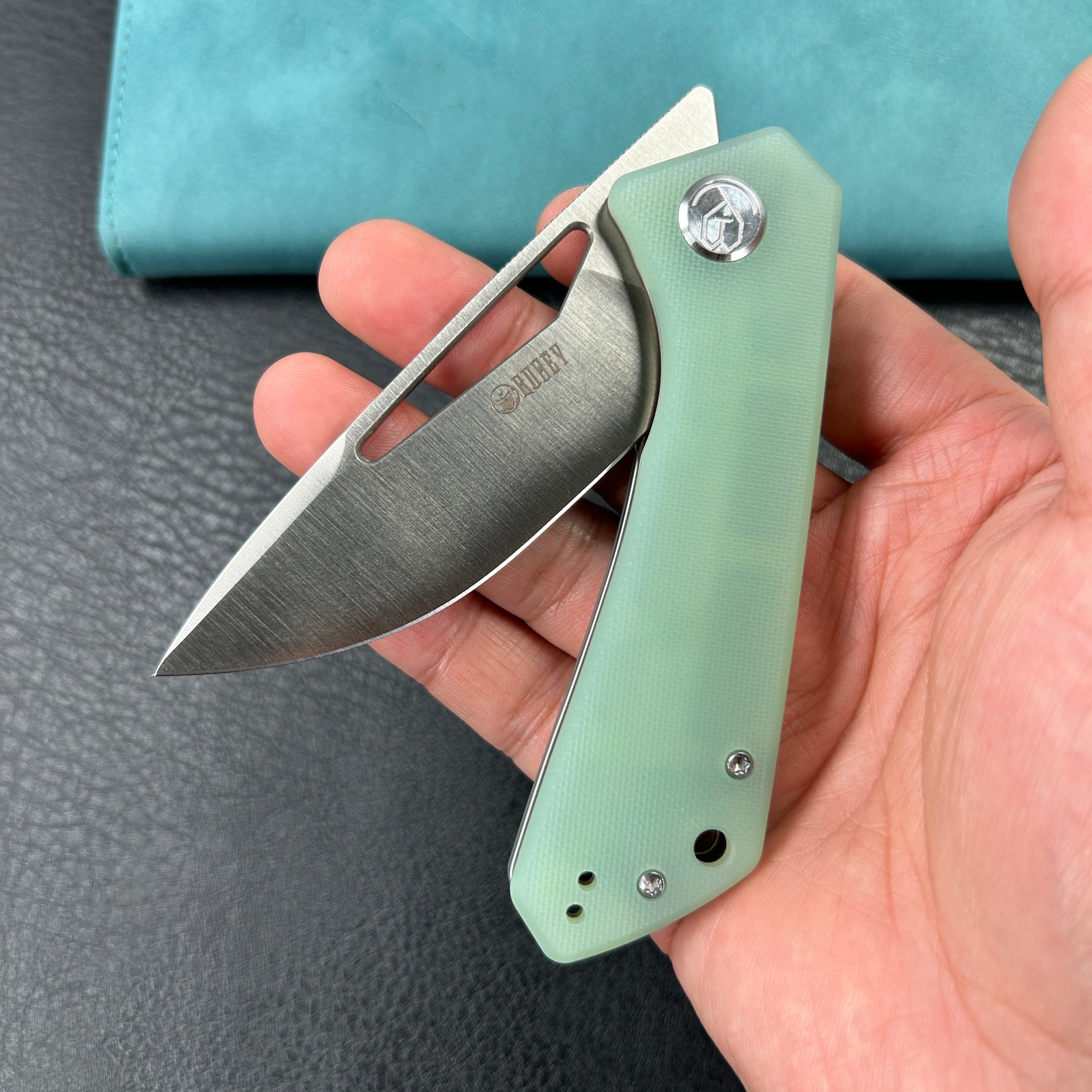 KUBEY KU331 Thalia Front Flipper EDC Pocket Folding Knife Jade G10 Handle 3.27" Satin D2