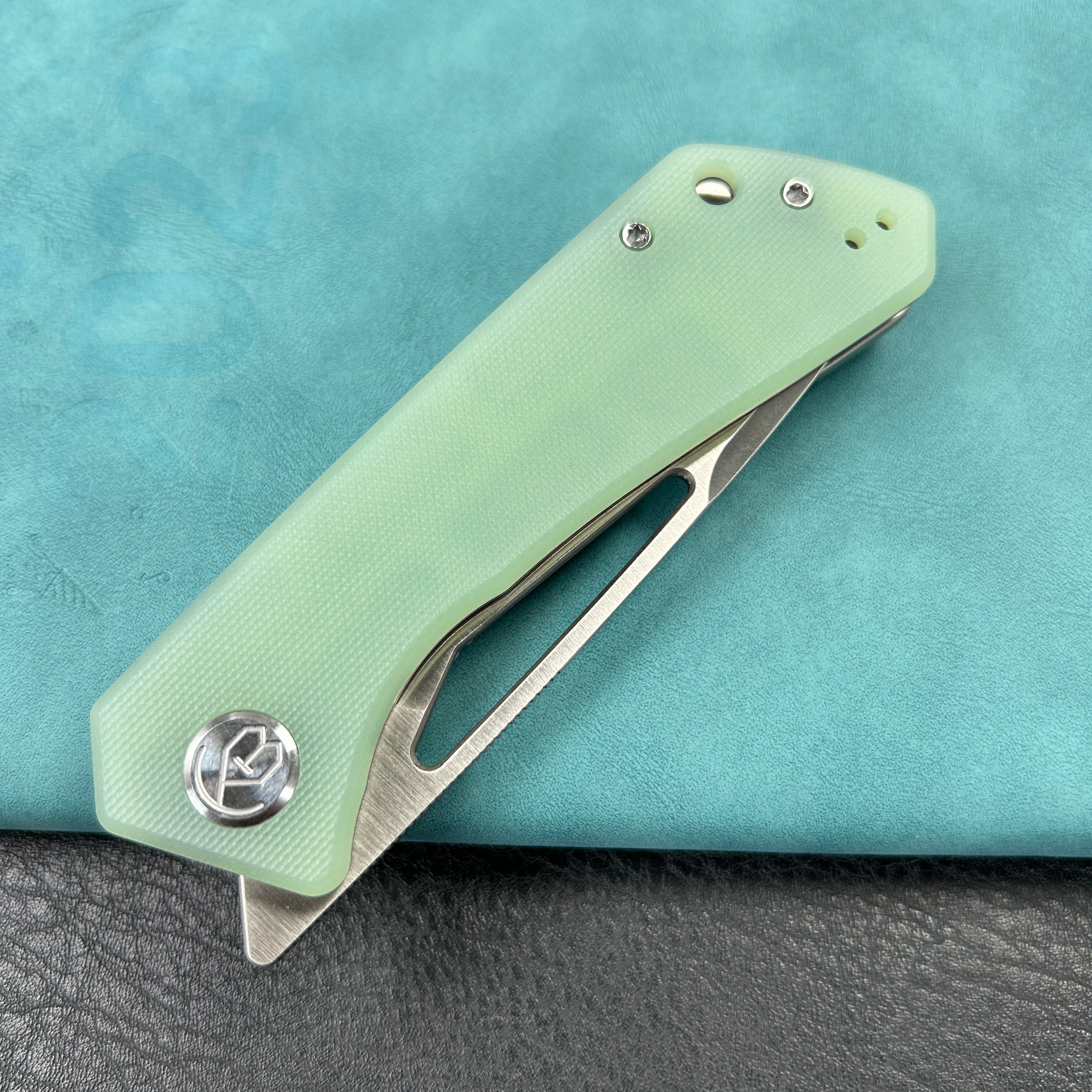 KUBEY KU331 Thalia Front Flipper EDC Pocket Folding Knife Jade G10 Handle 3.27" Satin D2