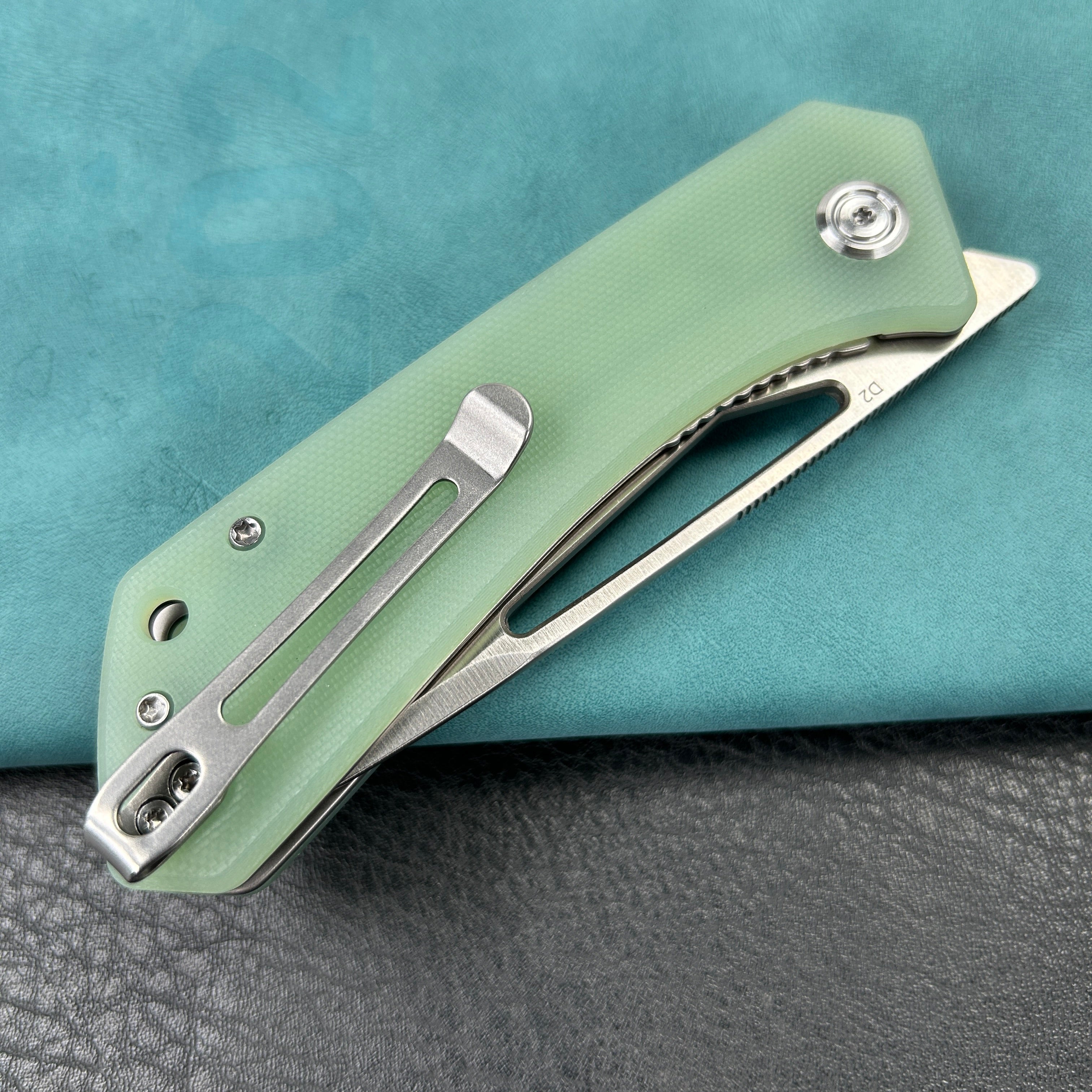 KUBEY KU331 Thalia Front Flipper EDC Pocket Folding Knife Jade G10 Handle 3.27" Satin D2