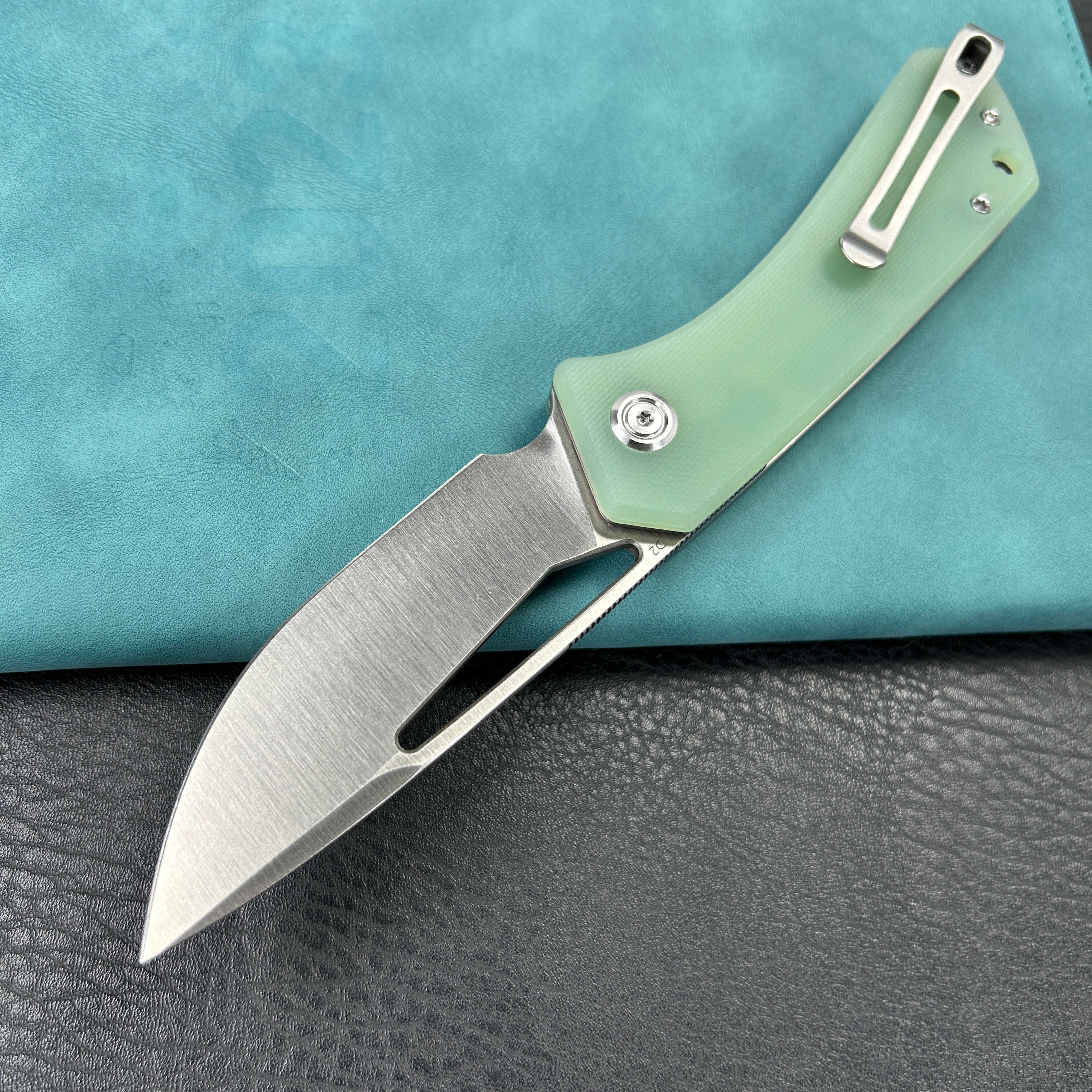 KUBEY KU331 Thalia Front Flipper EDC Pocket Folding Knife Jade G10 Handle 3.27" Satin D2