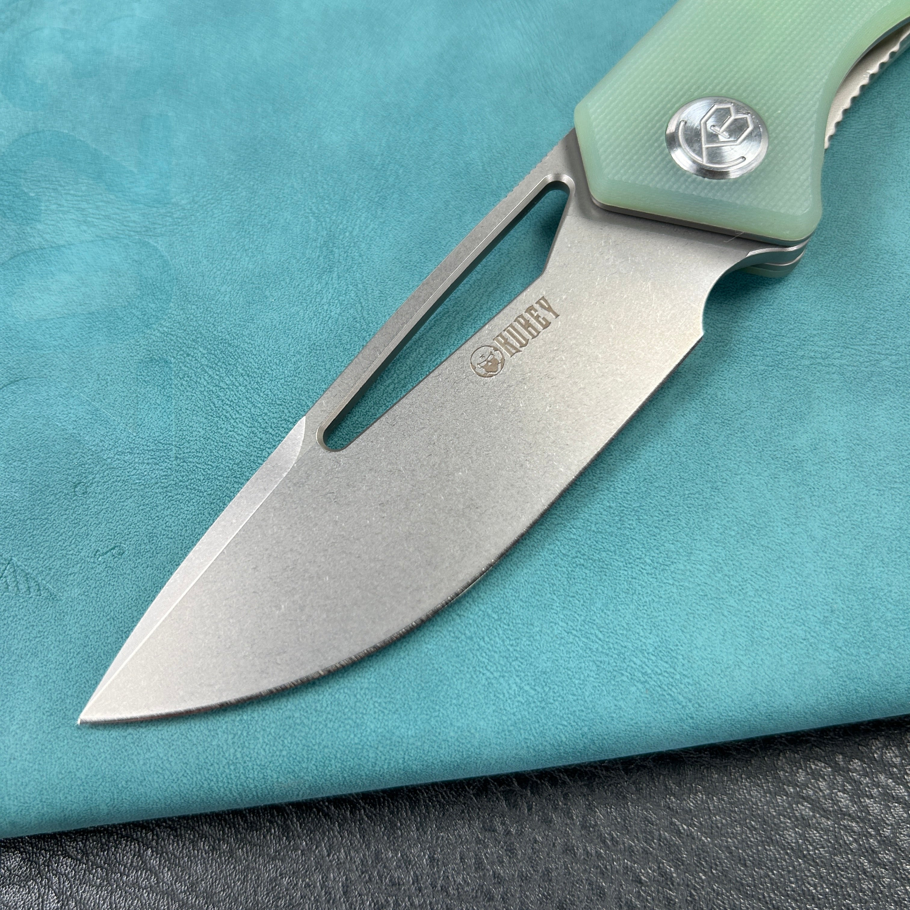 KUBEY KU331 Thalia Front Flipper EDC Pocket Folding Knife Jade G10 Handle 3.27" Bead Blasted D2