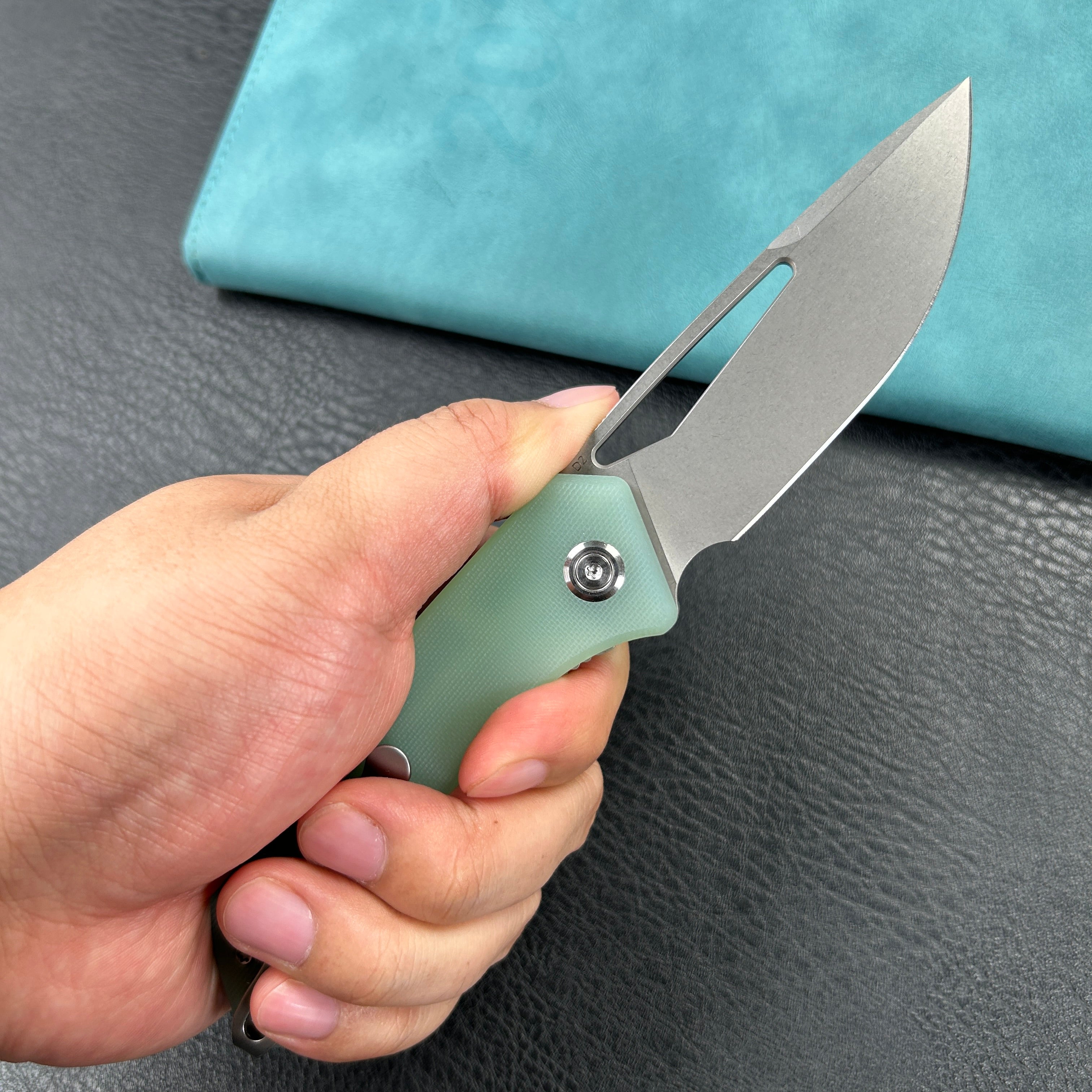 KUBEY KU331 Thalia Front Flipper EDC Pocket Folding Knife Jade G10 Handle 3.27" Bead Blasted D2