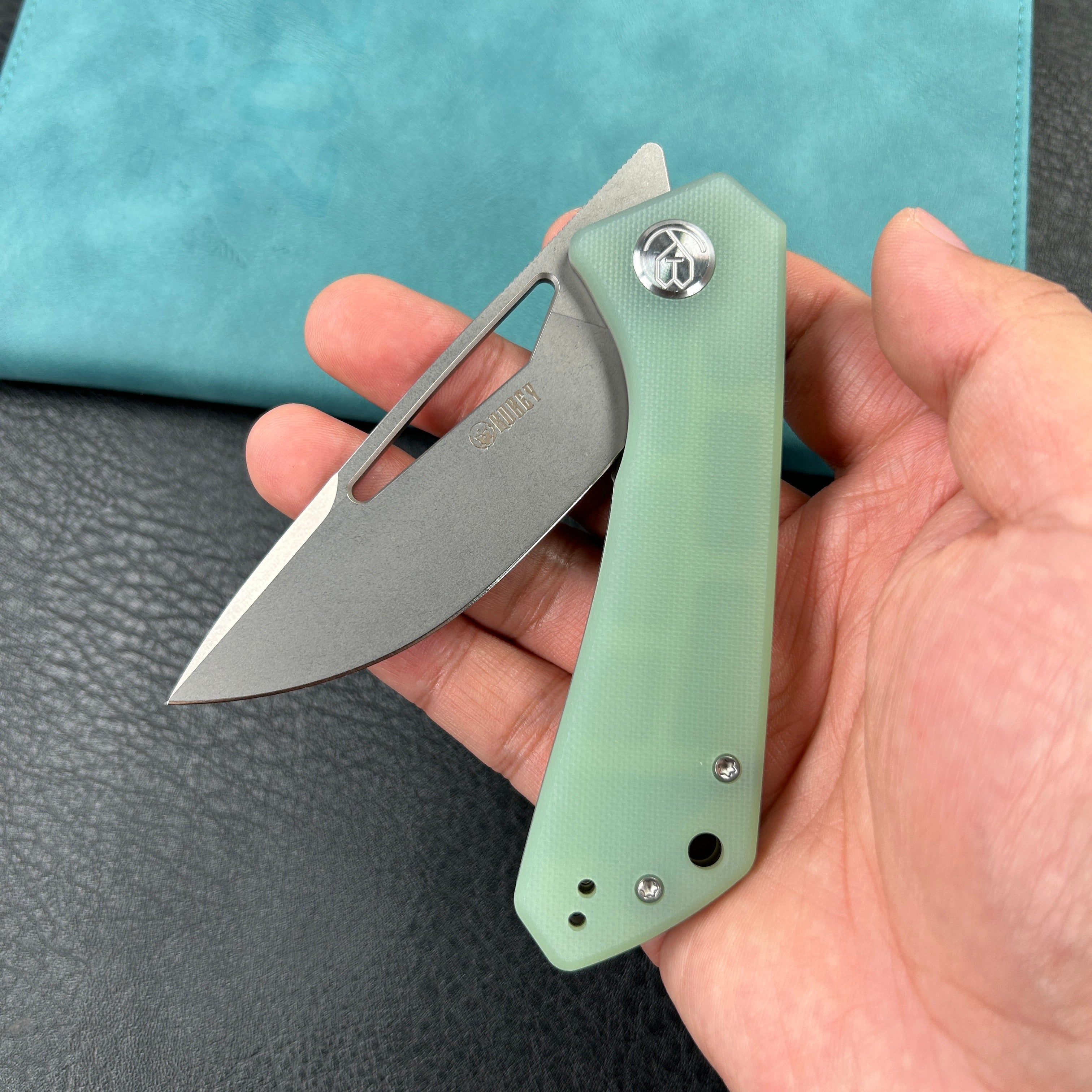 KUBEY KU331 Thalia Front Flipper EDC Pocket Folding Knife Jade G10 Handle 3.27" Bead Blasted D2