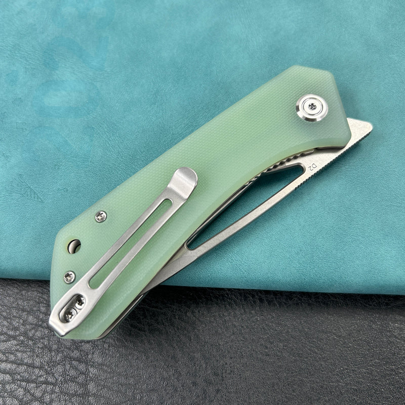 KUBEY KU331 Thalia Front Flipper EDC Pocket Folding Knife Jade G10 Handle 3.27" Bead Blasted D2