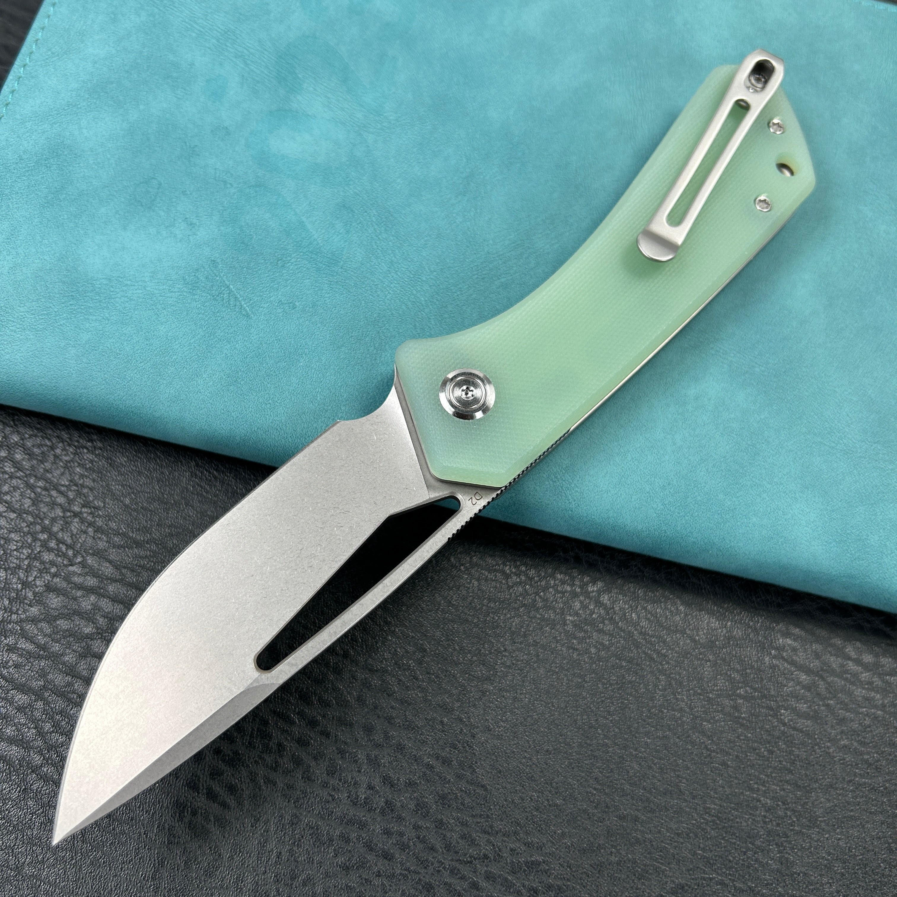 KUBEY KU331 Thalia Front Flipper EDC Pocket Folding Knife Jade G10 Handle 3.27" Bead Blasted D2