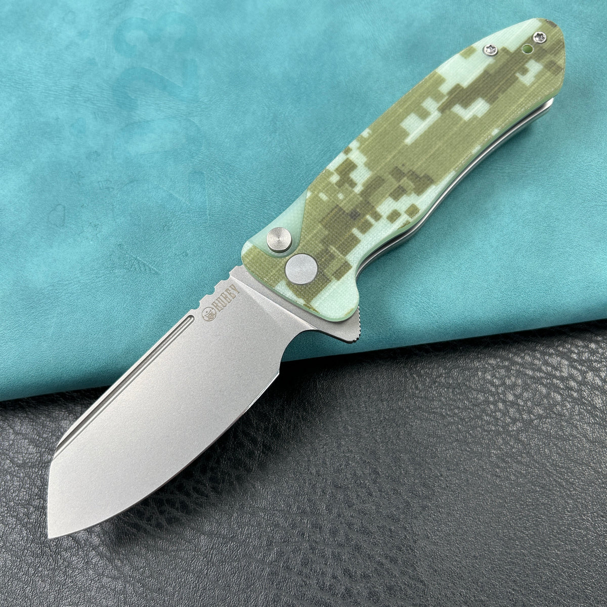 KUBEY KU336J  Creon Small Pocket Knife with Button Lock Camo G10 Handle 2.87" Beadblasted AUS-10