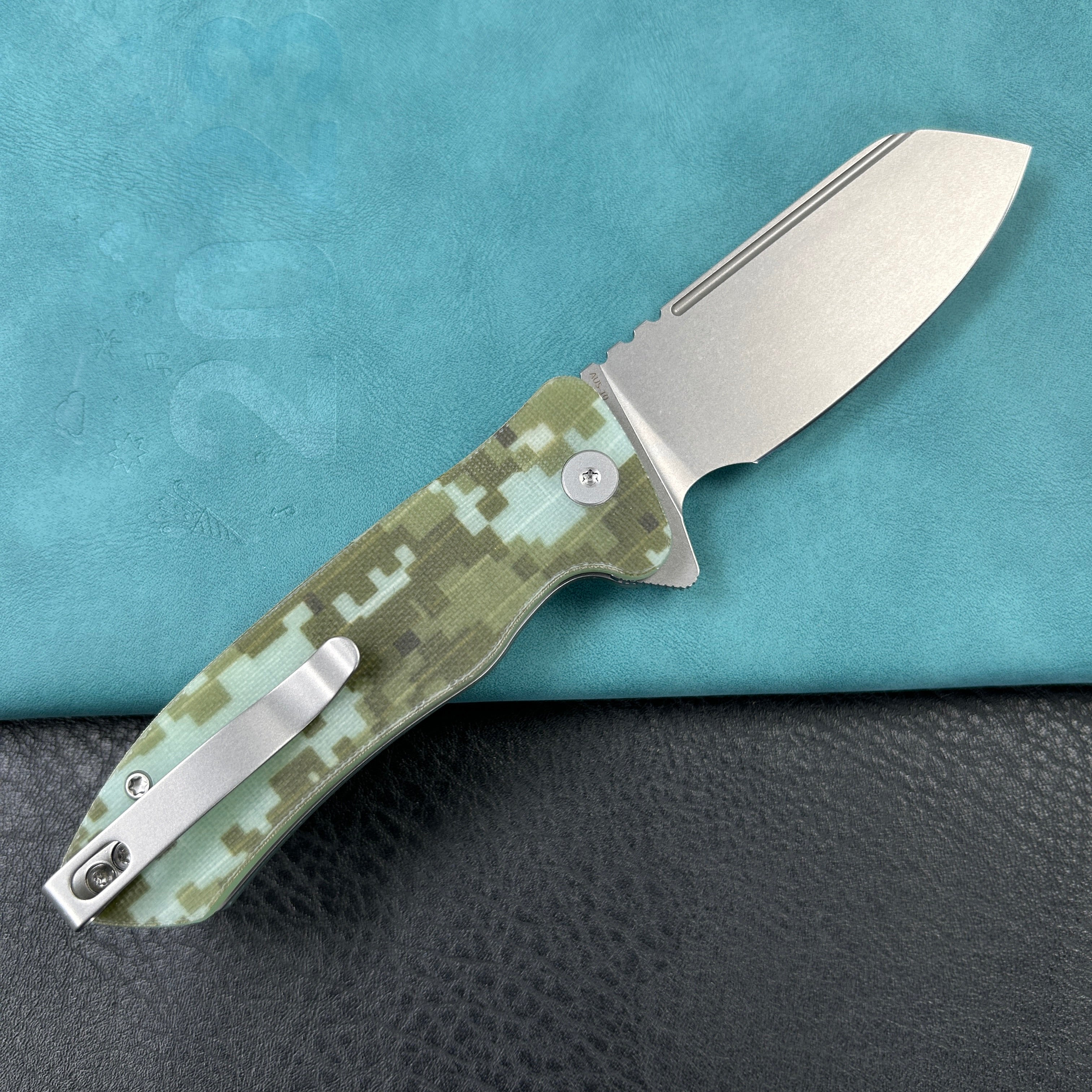 KUBEY KU336J  Creon Small Pocket Knife with Button Lock Camo G10 Handle 2.87" Beadblasted AUS-10