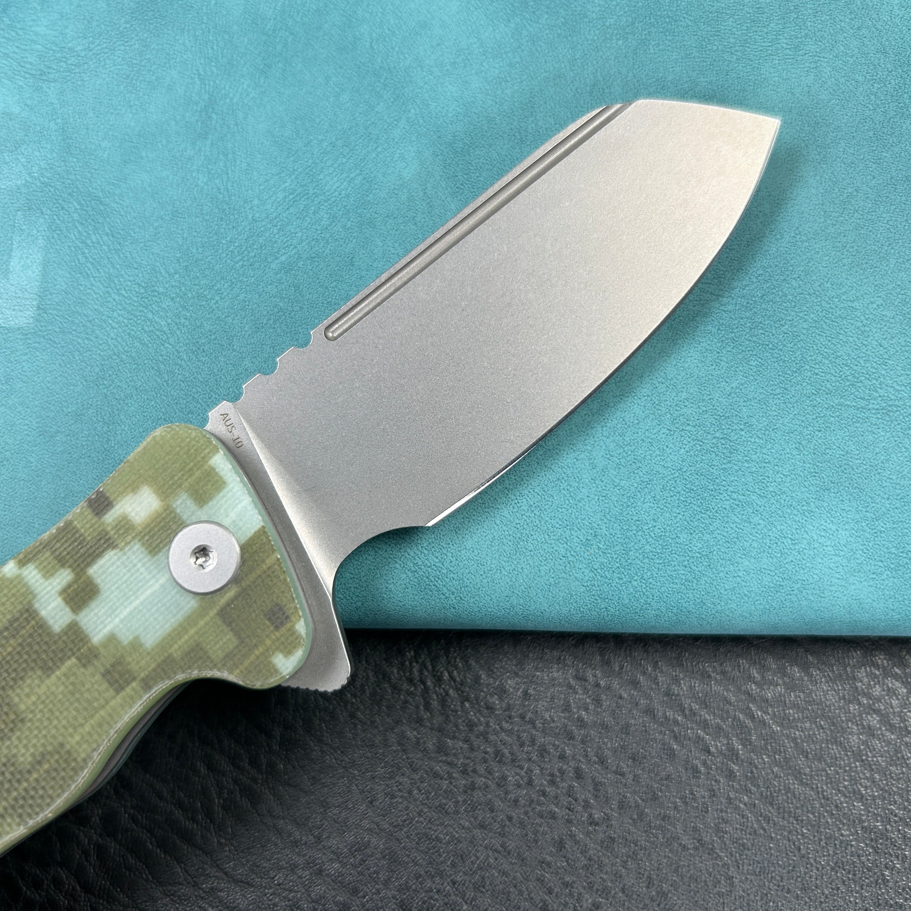 KUBEY KU336J  Creon Small Pocket Knife with Button Lock Camo G10 Handle 2.87" Beadblasted AUS-10