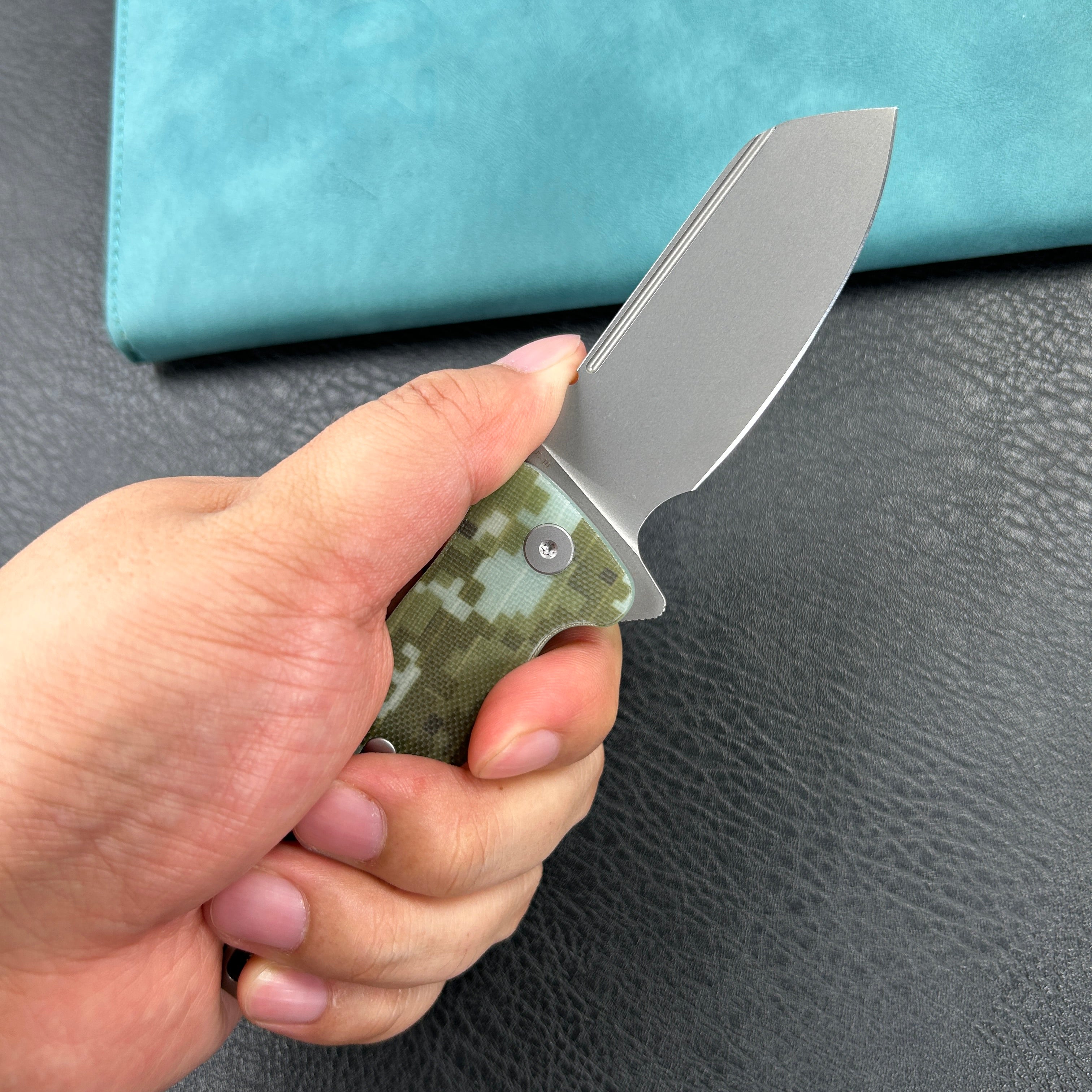 KUBEY KU336J  Creon Small Pocket Knife with Button Lock Camo G10 Handle 2.87" Beadblasted AUS-10