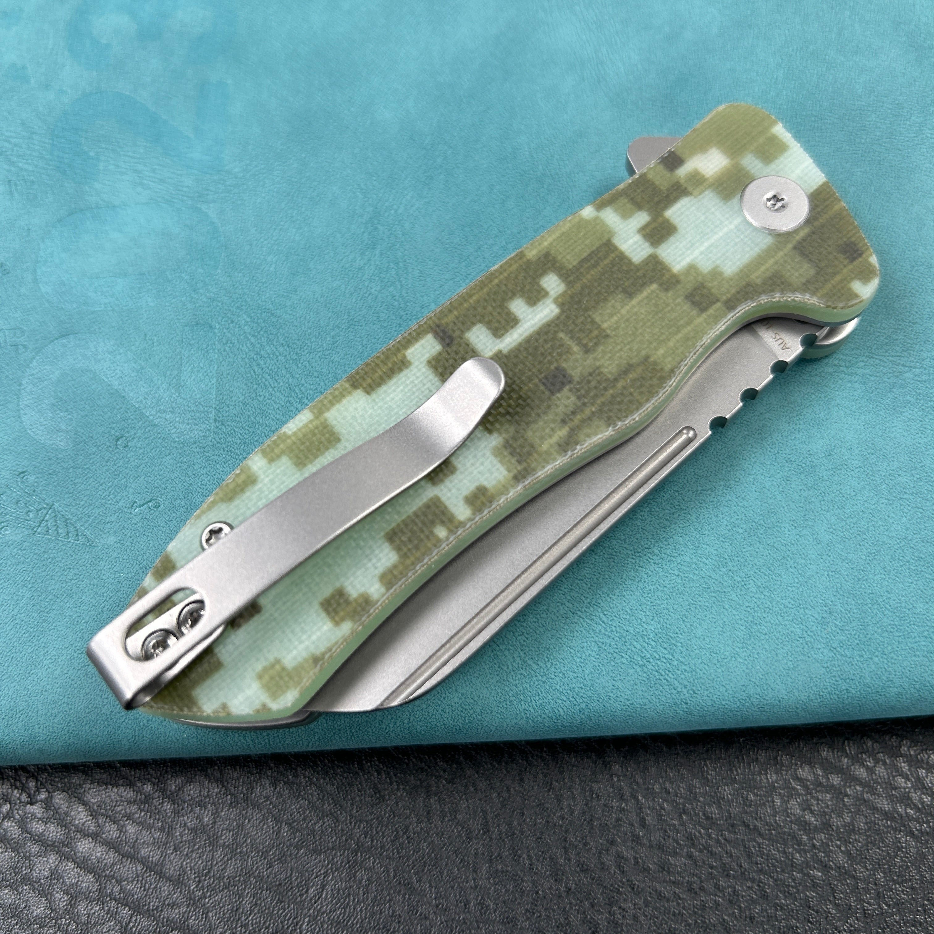 KUBEY KU336J  Creon Small Pocket Knife with Button Lock Camo G10 Handle 2.87" Beadblasted AUS-10